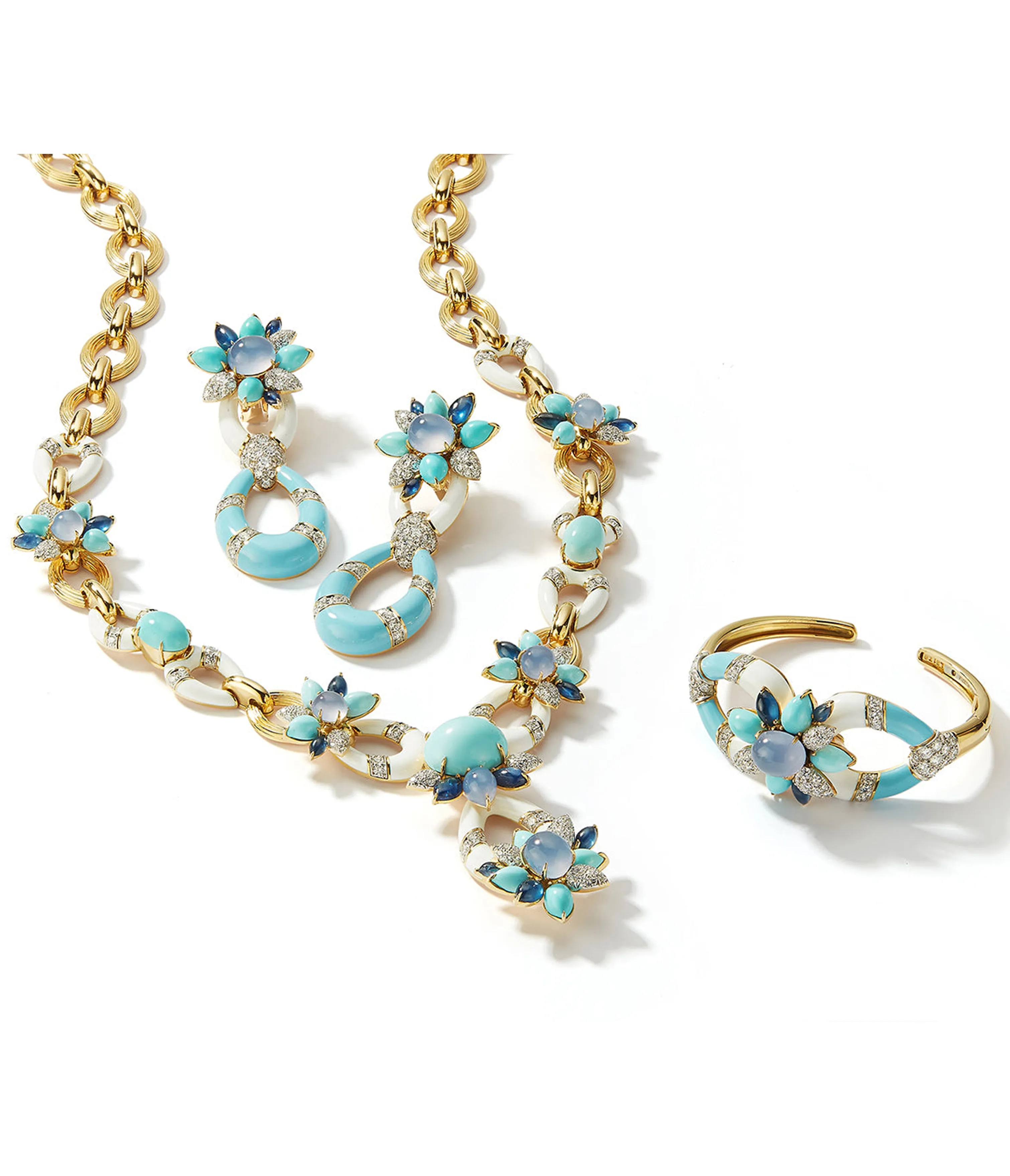 Asheville Earrings, Light Blue Enamel, Turquoise, Diamonds