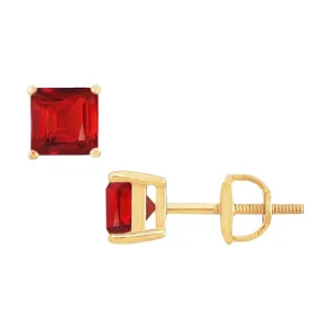 Asscher Cut 3 Carats Red Ruby Lady Studs Earrings Yellow Gold 14K