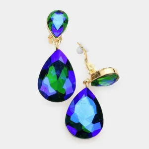 Aurora Borealis Green Crystal Teardrop Gold Clip-On Earrings