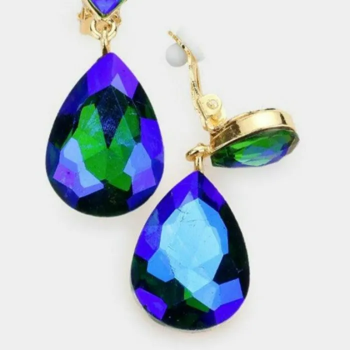 Aurora Borealis Green Crystal Teardrop Gold Clip-On Earrings
