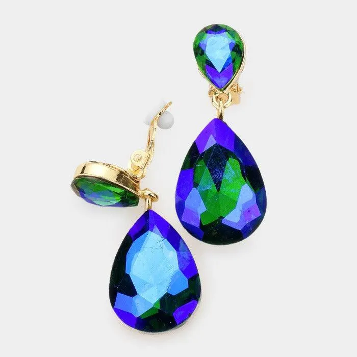 Aurora Borealis Green Crystal Teardrop Gold Clip-On Earrings