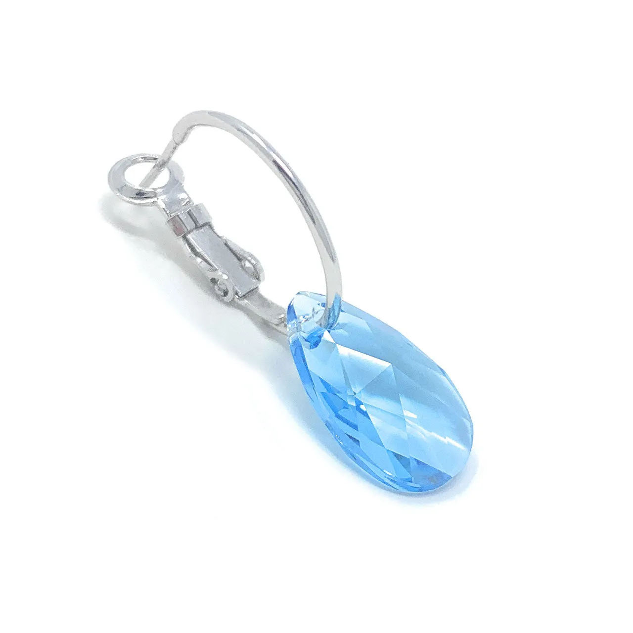 Aurora Small Drop Earrings with Blue Aquamarine Pear Crystals from Swarovski Silver Toned Rhodium Plated