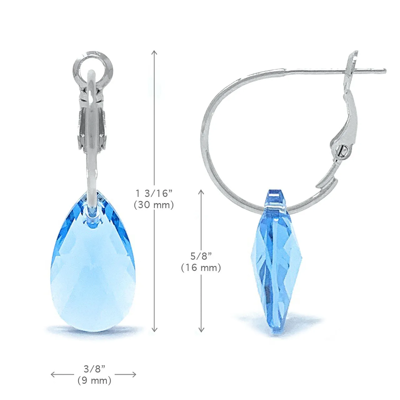 Aurora Small Drop Earrings with Blue Aquamarine Pear Crystals from Swarovski Silver Toned Rhodium Plated