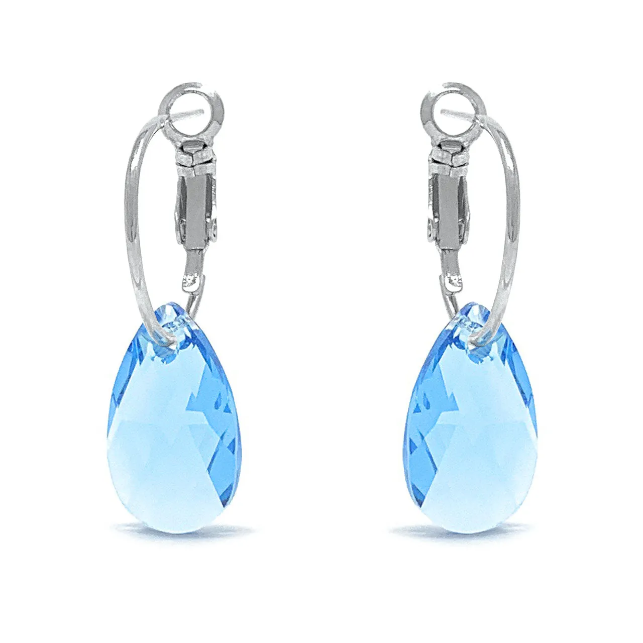 Aurora Small Drop Earrings with Blue Aquamarine Pear Crystals from Swarovski Silver Toned Rhodium Plated