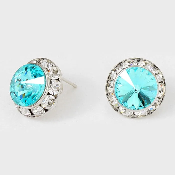 Austrian Aqua Crystal Round Stud Earrings | 5/8" | 184711