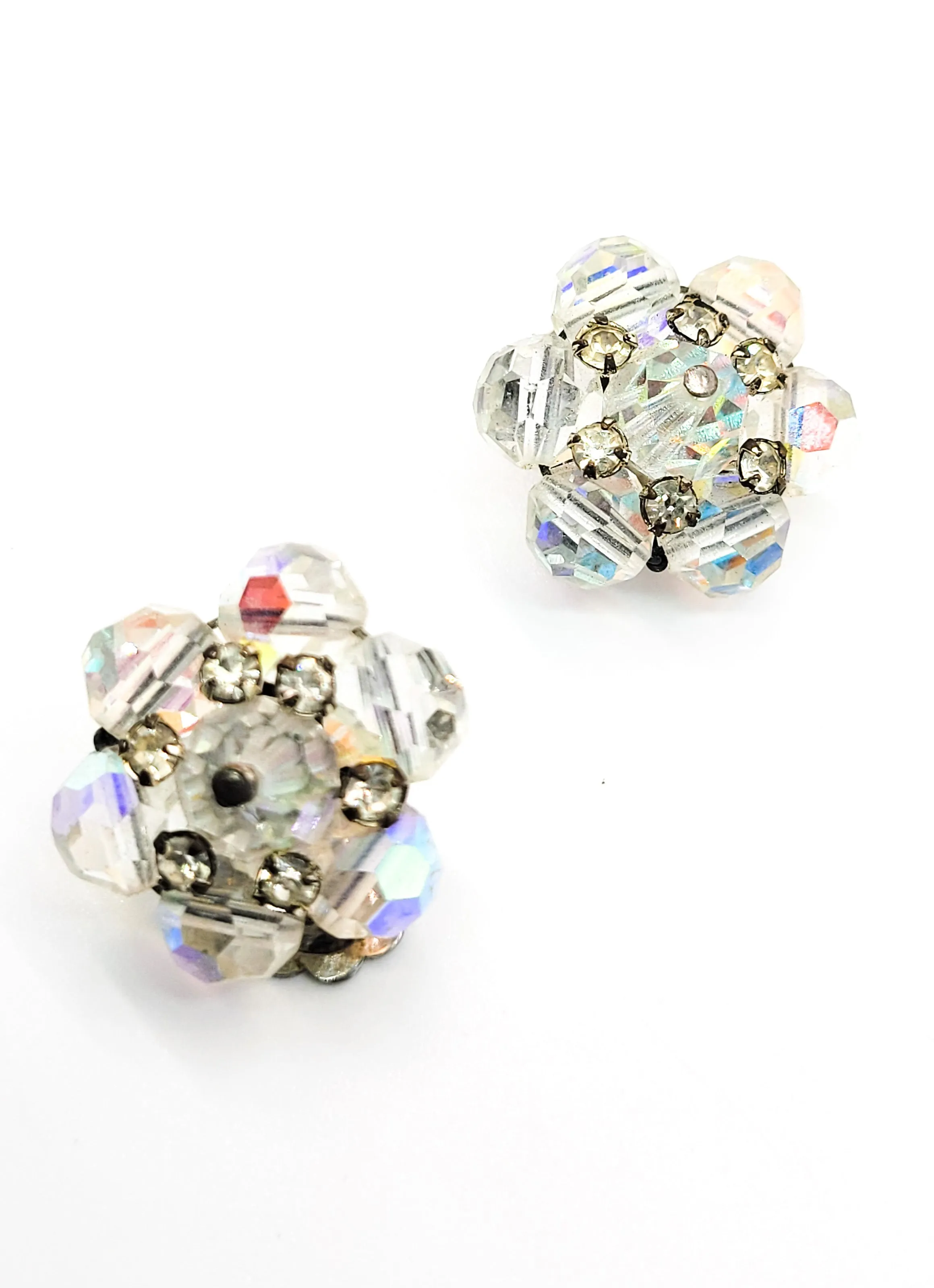 Austrian crystal Aurora borealis rainbow beaded vintage cluster clip on earrings