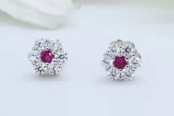 Baby and Children's Earrings:  Sterling Silver Clustered Clear/Ruby CZ Flowers with Screw Backs