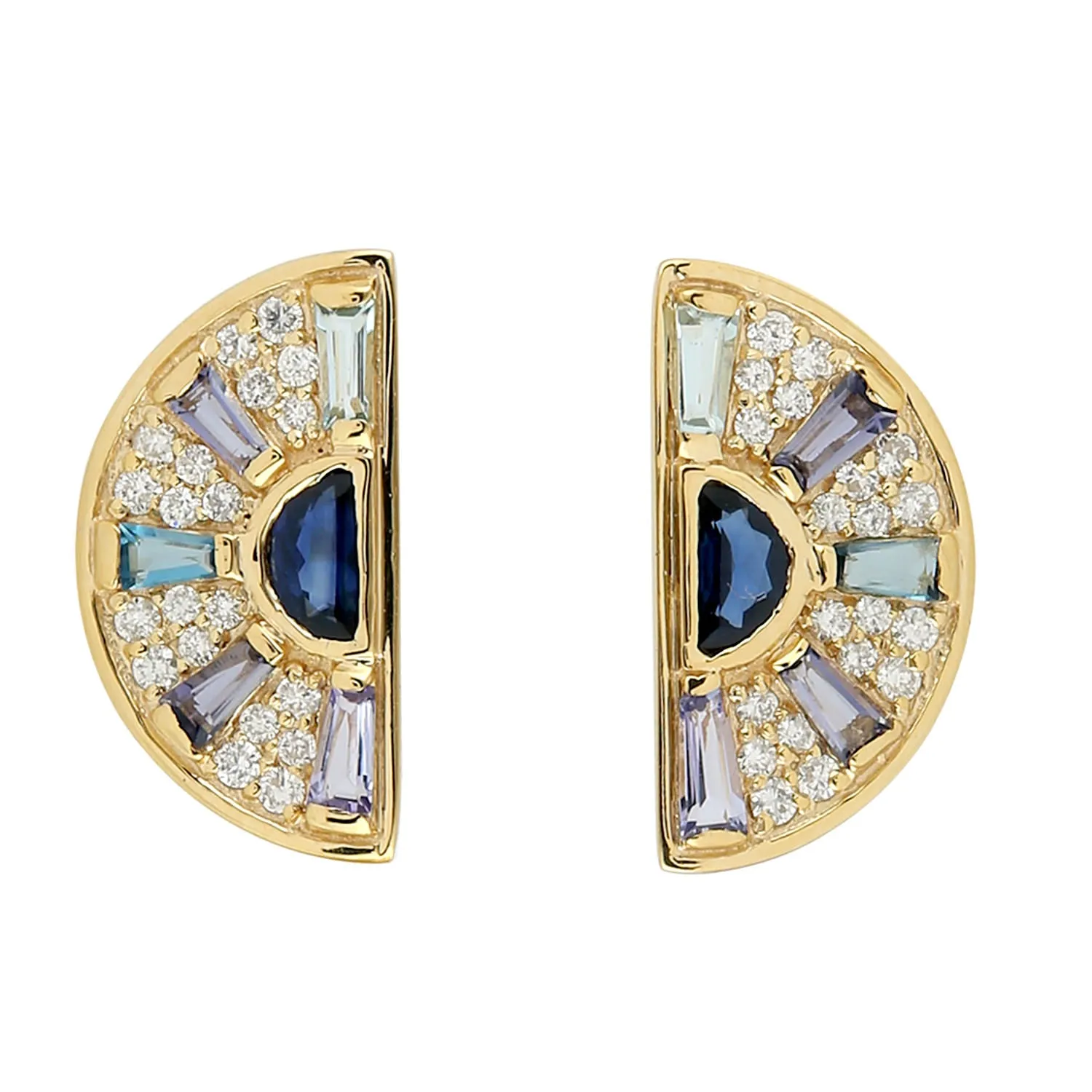 Baguette Multi Gemstone Pave Diamond D Shape Stud Earrings In Gold For Her