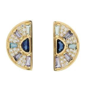 Baguette Multi Gemstone Pave Diamond D Shape Stud Earrings In Gold For Her