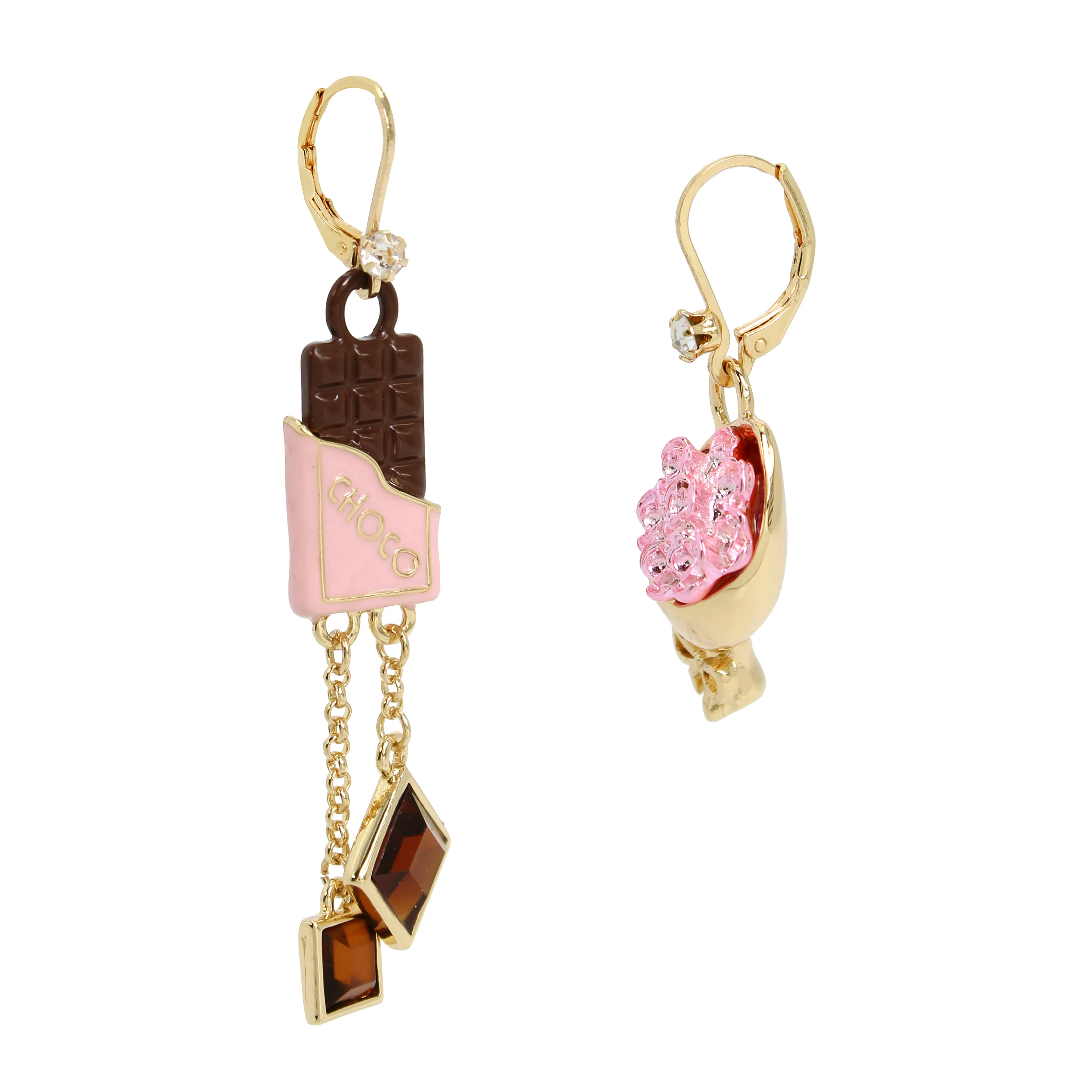 Betsey Johnson Sweetheart Swoon Chocolate Flowers Mismatch Earrings