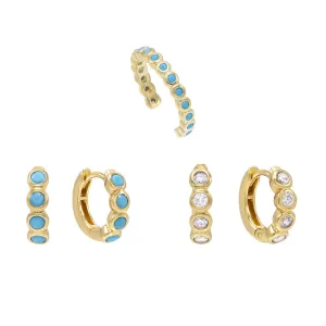 Bezel Huggie Earring & Ear Cuff Combo Set
