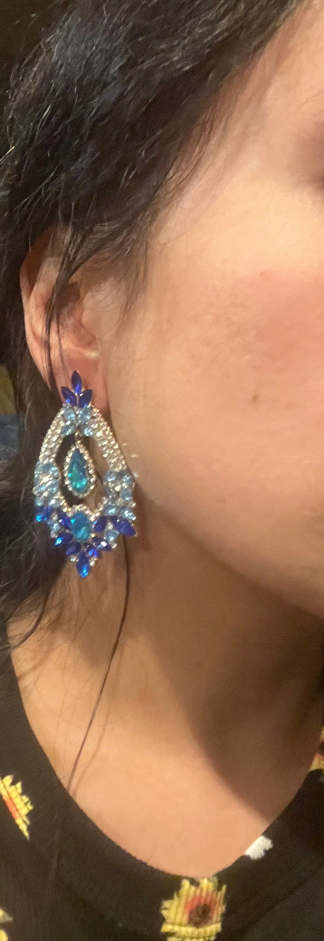 Big Blue earrings ,large Royal blue  earrings , light blue crystal earrings, blue chandelier rhinestone earrings crystal aquamarine