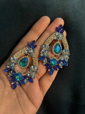 Big Blue earrings ,large Royal blue  earrings , light blue crystal earrings, blue chandelier rhinestone earrings crystal aquamarine