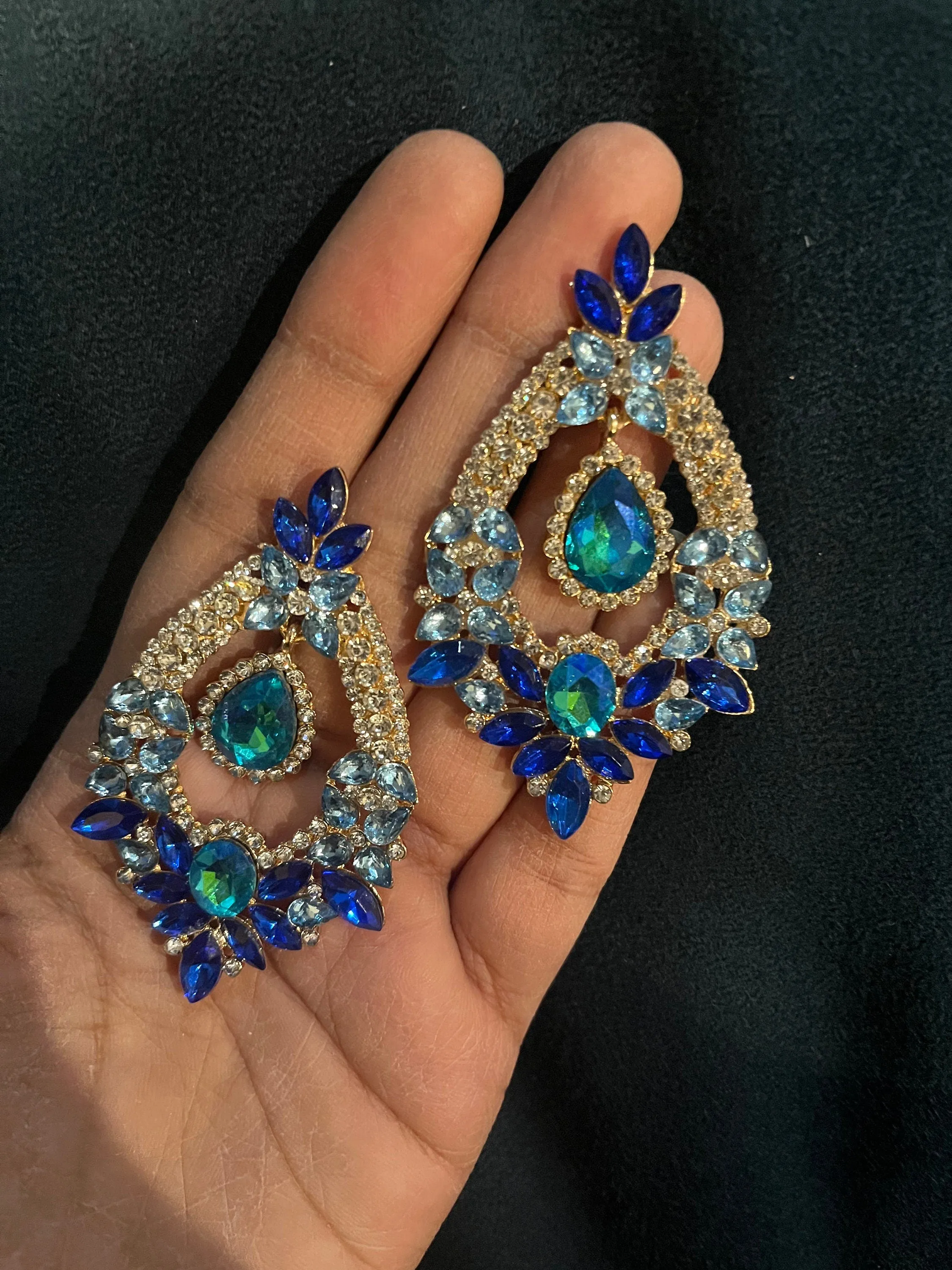 Big Blue earrings ,large Royal blue  earrings , light blue crystal earrings, blue chandelier rhinestone earrings crystal aquamarine