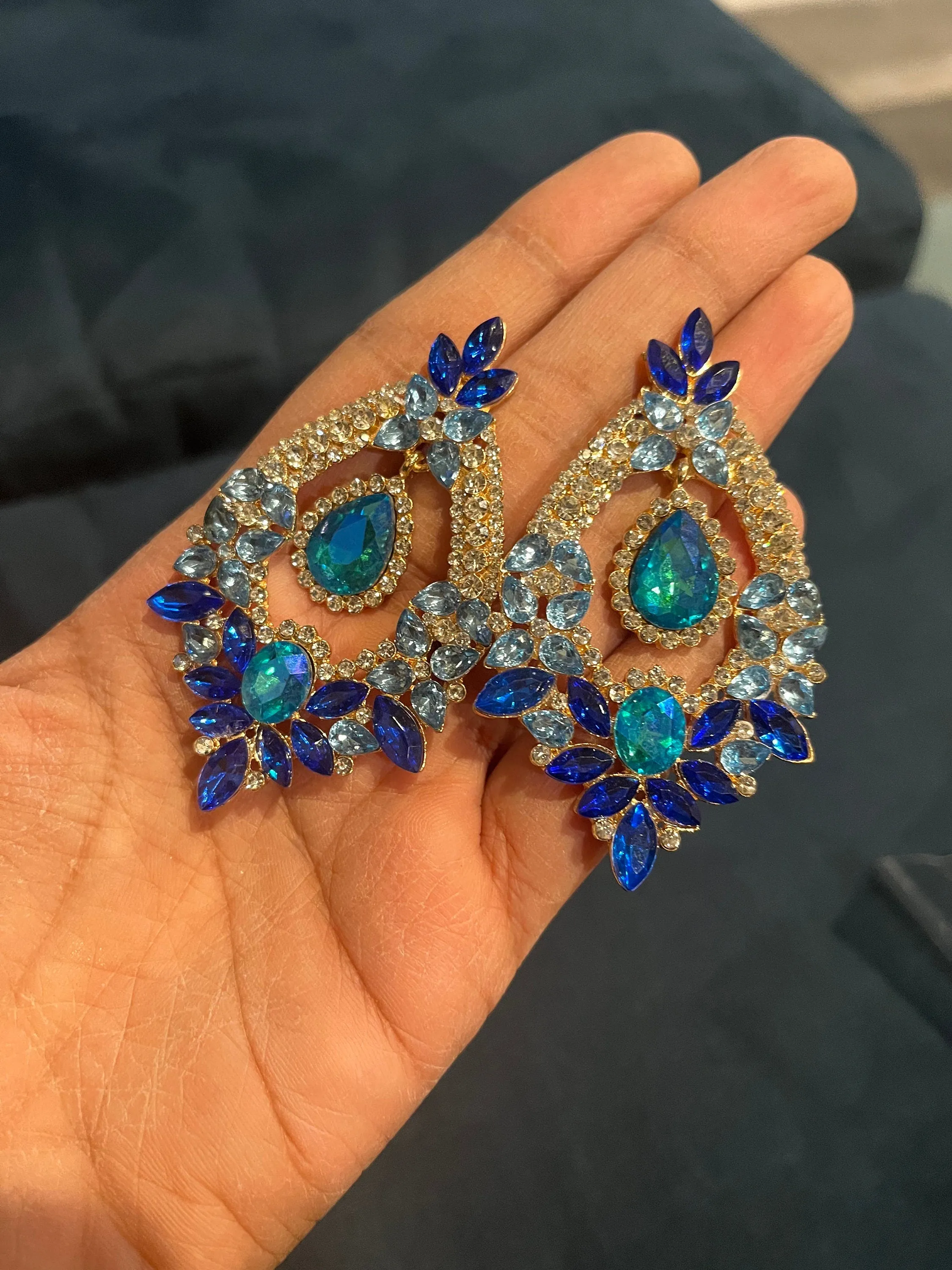 Big Blue earrings ,large Royal blue  earrings , light blue crystal earrings, blue chandelier rhinestone earrings crystal aquamarine