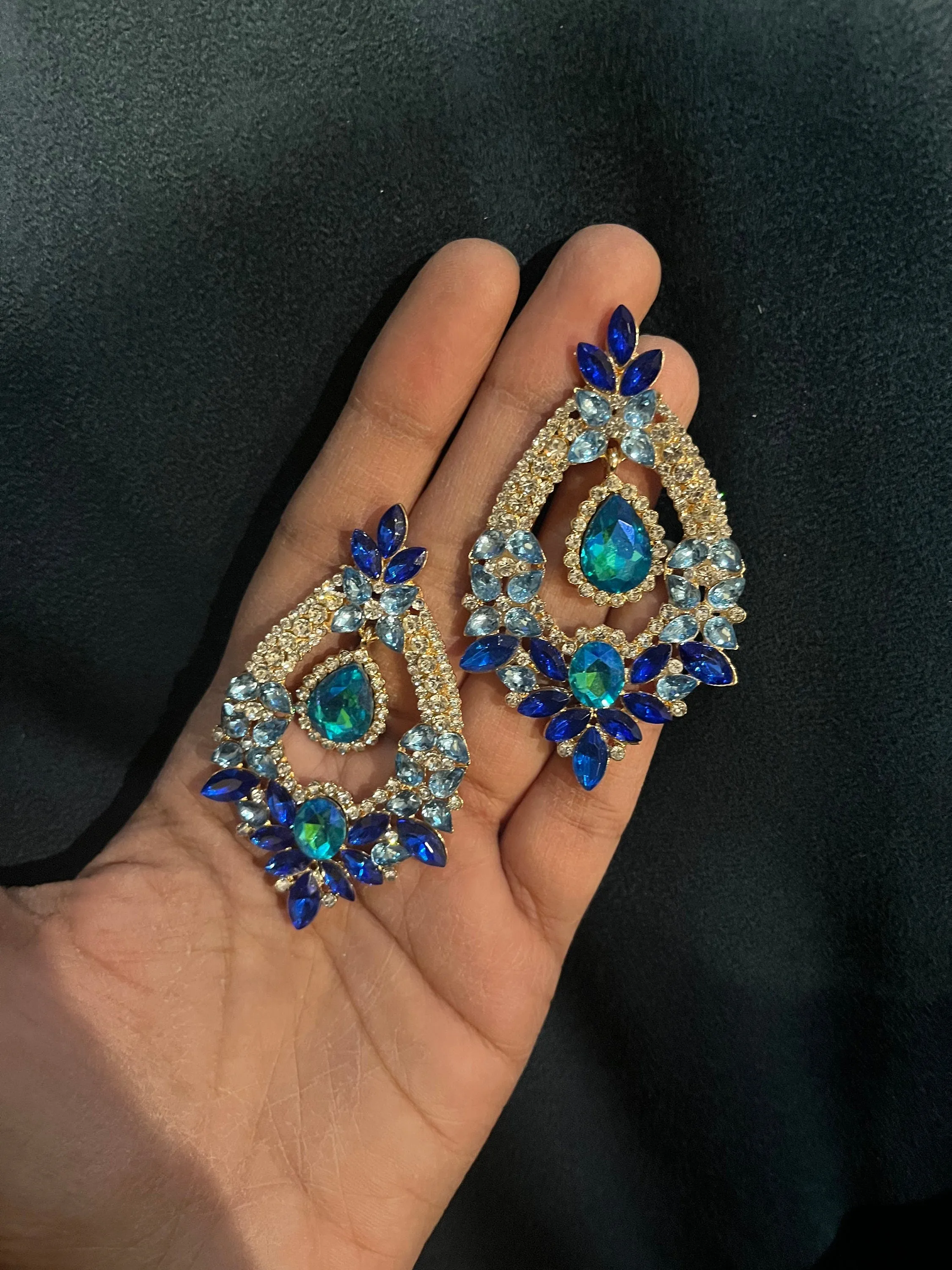Big Blue earrings ,large Royal blue  earrings , light blue crystal earrings, blue chandelier rhinestone earrings crystal aquamarine