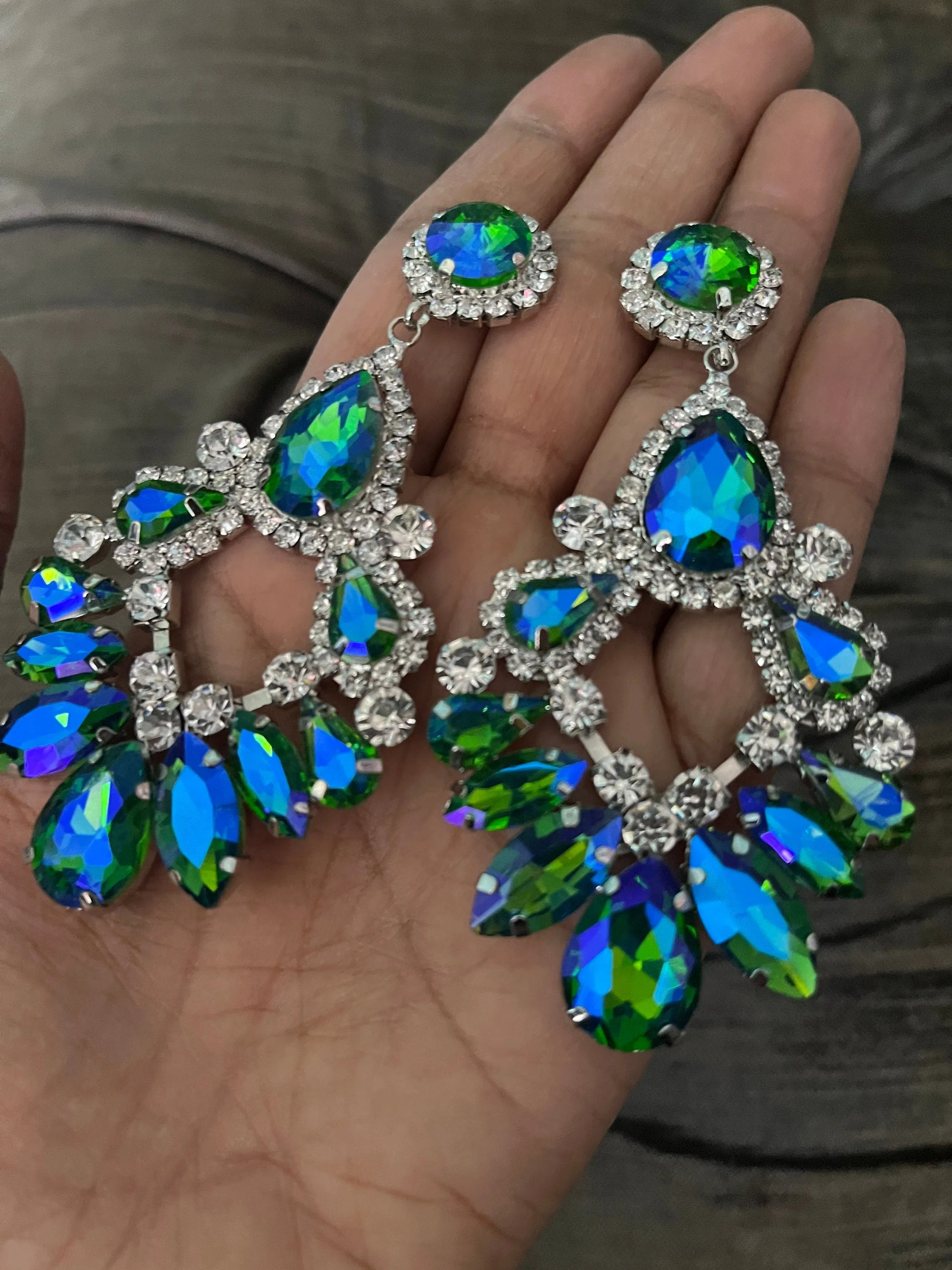 Big Blue green earrings ,large blue earrings , green crystal earrings, blue chandelier rhinestone earrings crystal 3.6” long