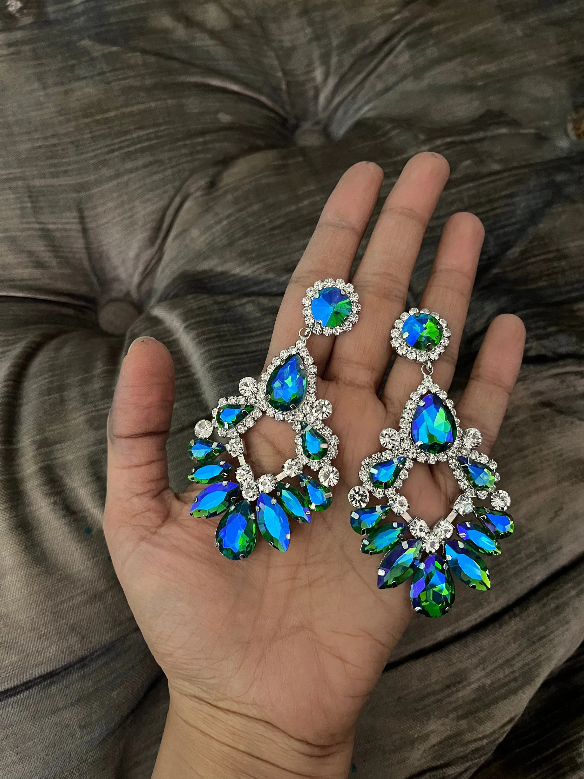 Big Blue green earrings ,large blue earrings , green crystal earrings, blue chandelier rhinestone earrings crystal 3.6” long