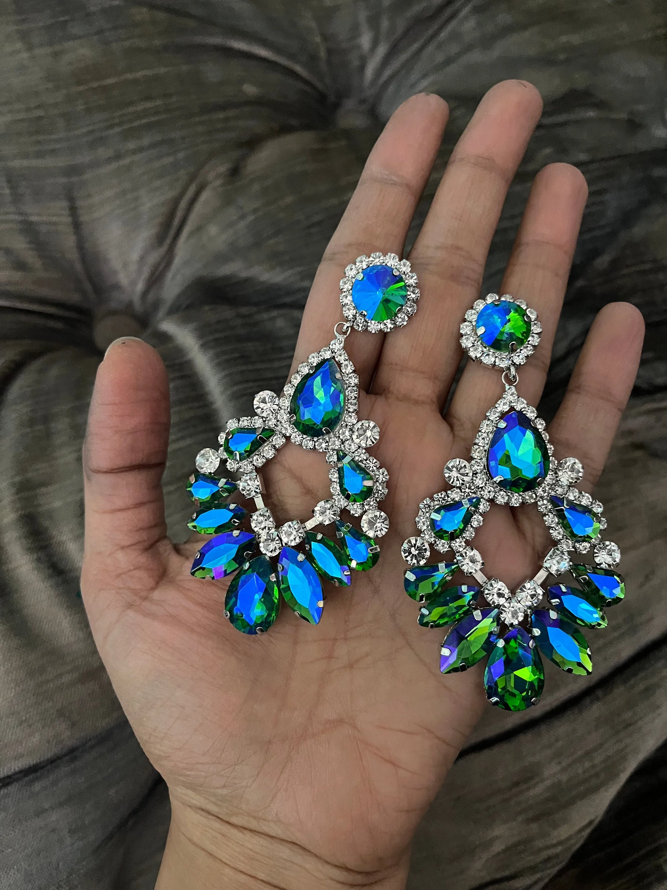 Big Blue green earrings ,large blue earrings , green crystal earrings, blue chandelier rhinestone earrings crystal 3.6” long