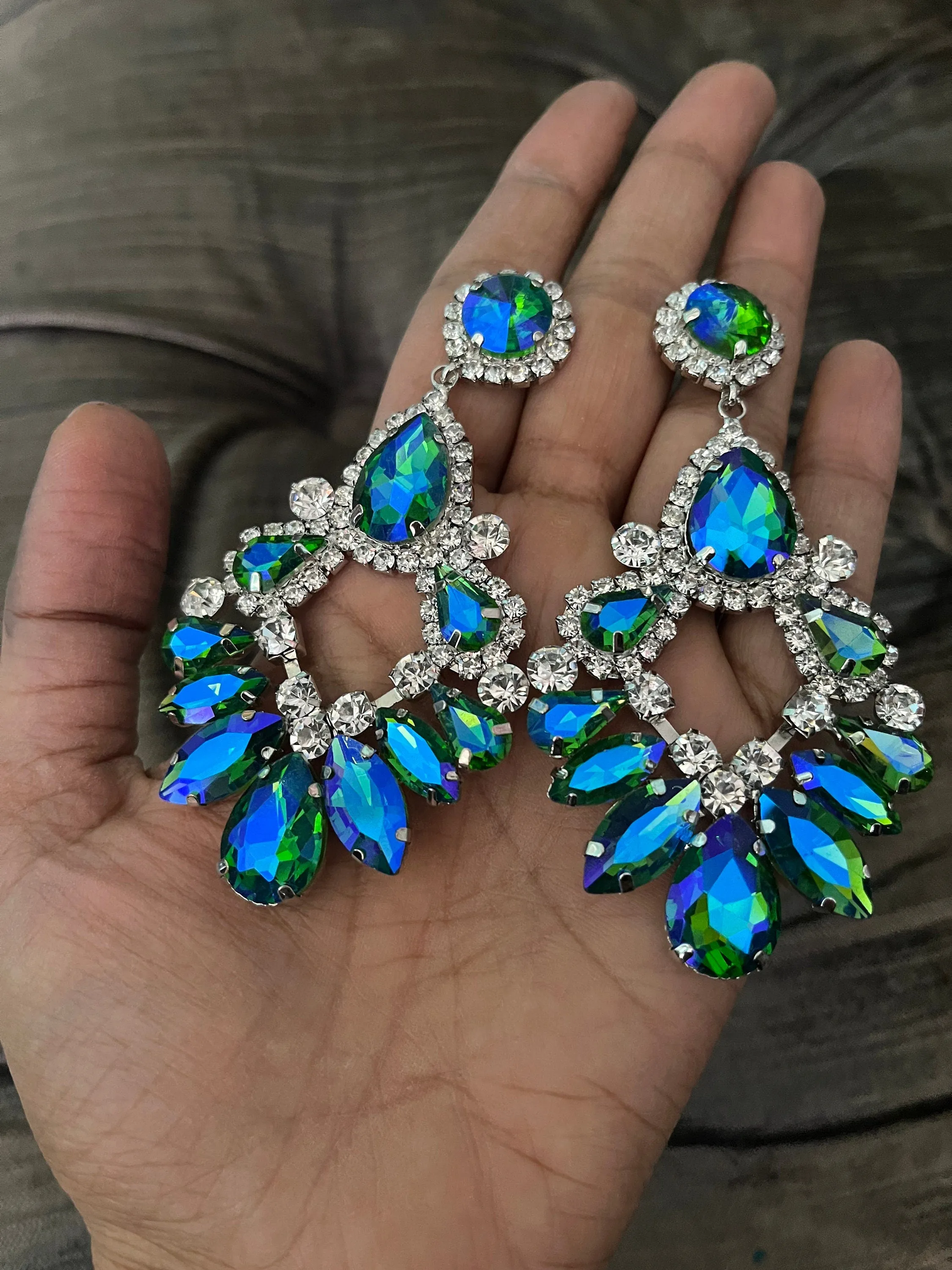 Big Blue green earrings ,large blue earrings , green crystal earrings, blue chandelier rhinestone earrings crystal 3.6” long