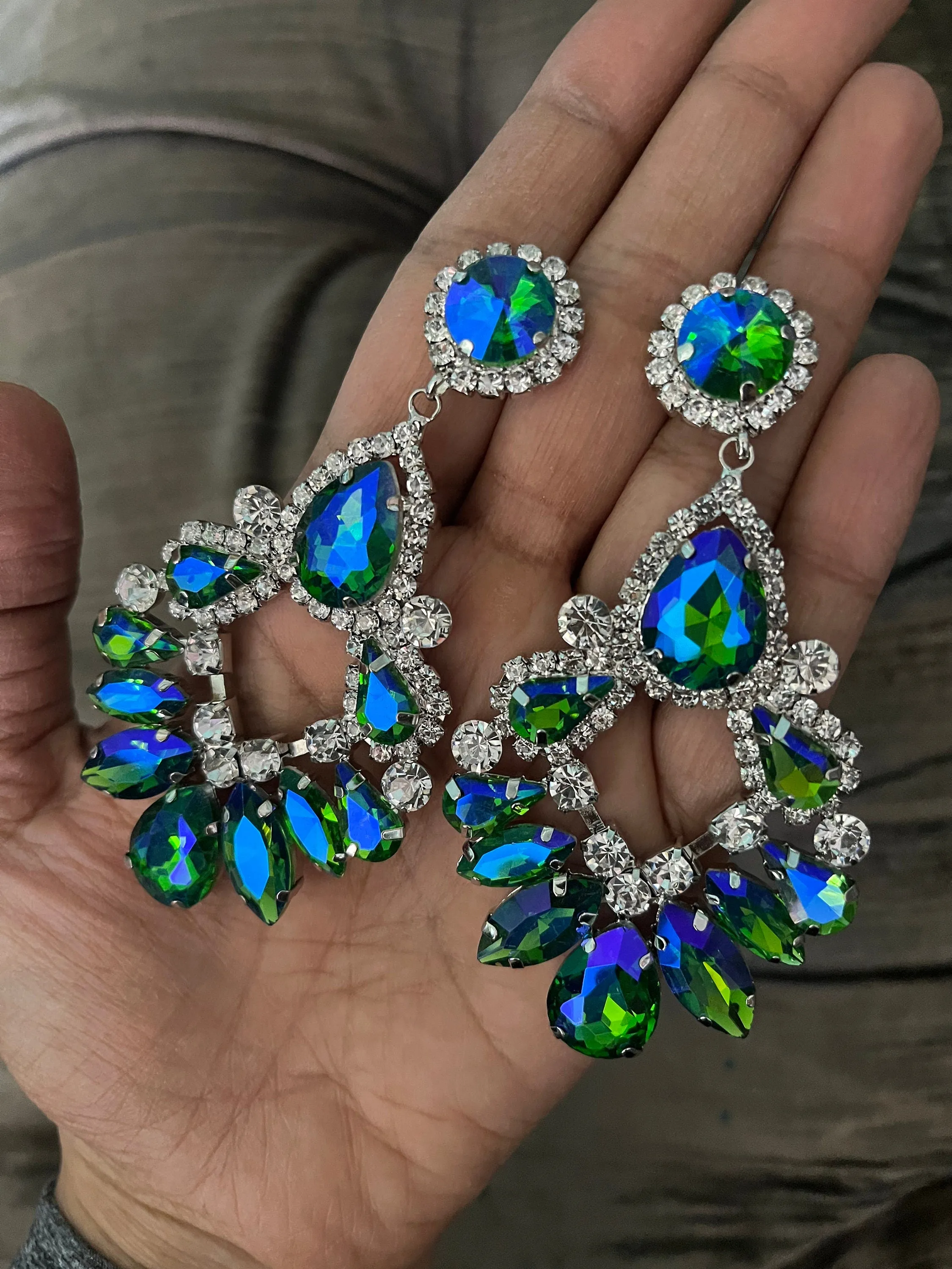 Big Blue green earrings ,large blue earrings , green crystal earrings, blue chandelier rhinestone earrings crystal 3.6” long