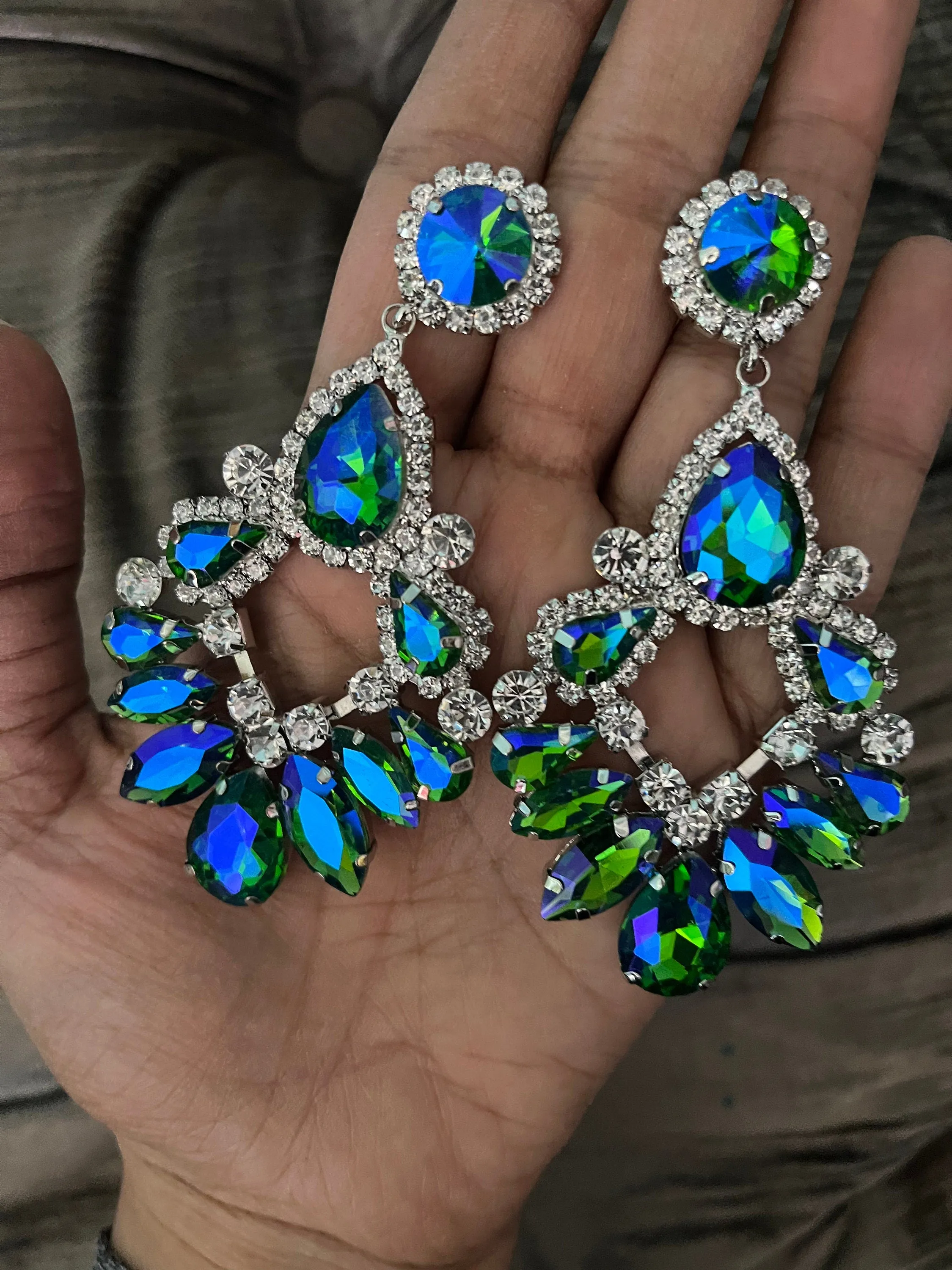 Big Blue green earrings ,large blue earrings , green crystal earrings, blue chandelier rhinestone earrings crystal 3.6” long