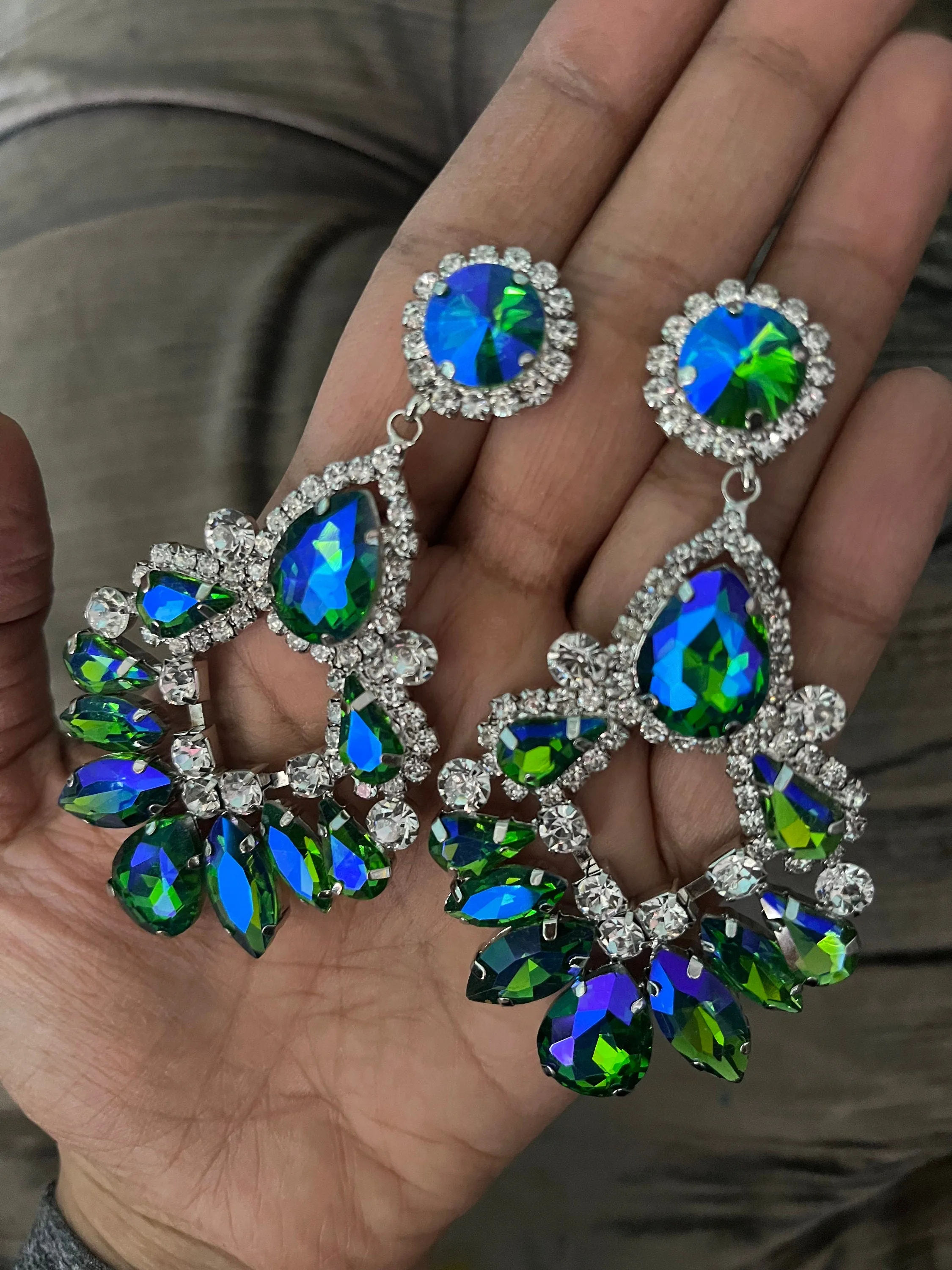 Big Blue green earrings ,large blue earrings , green crystal earrings, blue chandelier rhinestone earrings crystal 3.6” long