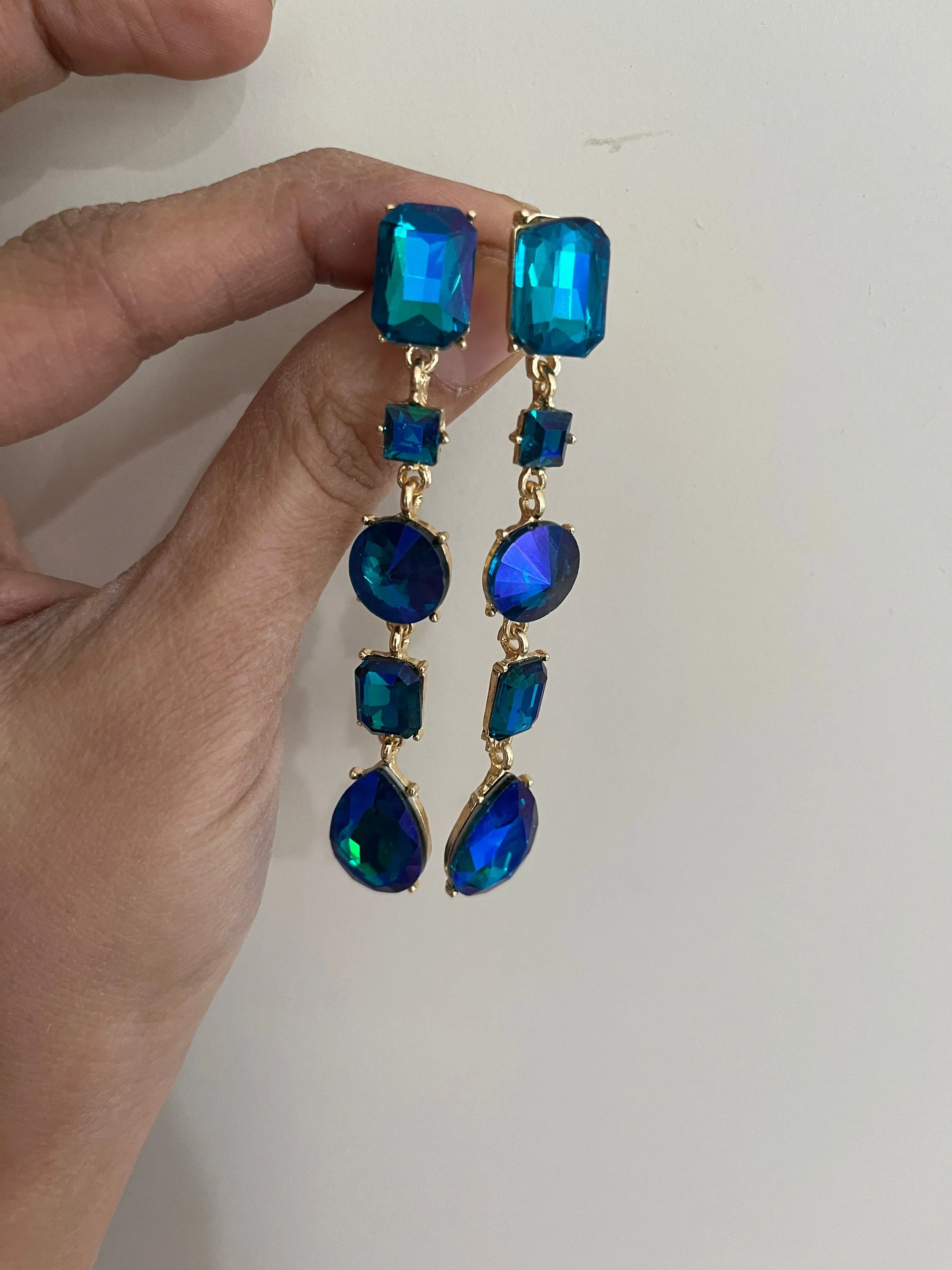 Big Blue green earrings ,large blue navy earrings , green crystal earrings, blue chandelier rhinestone earrings crystal