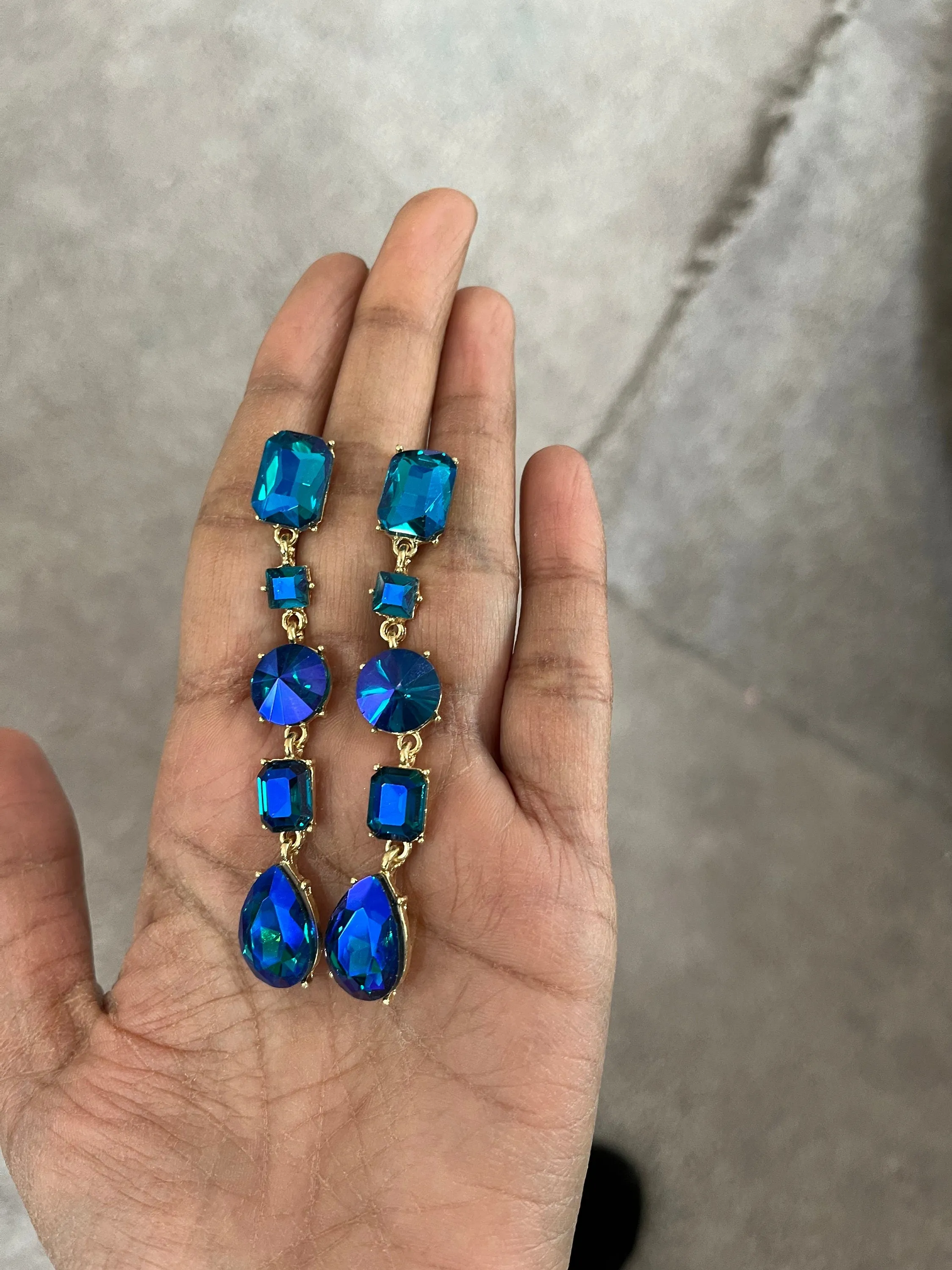 Big Blue green earrings ,large blue navy earrings , green crystal earrings, blue chandelier rhinestone earrings crystal