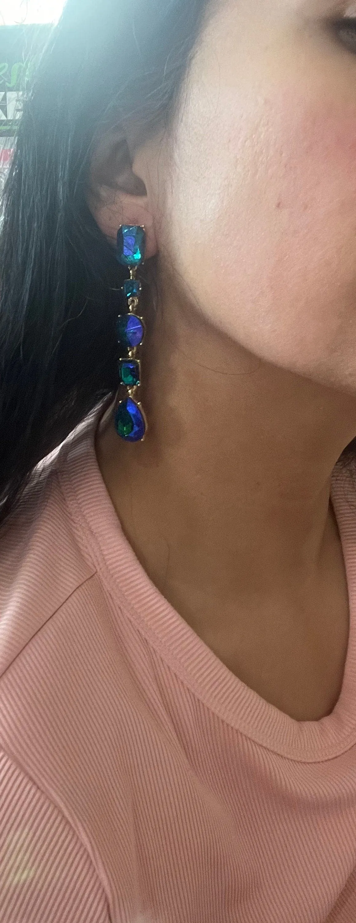 Big Blue green earrings ,large blue navy earrings , green crystal earrings, blue chandelier rhinestone earrings crystal