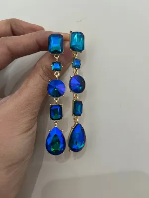 Big Blue green earrings ,large blue navy earrings , green crystal earrings, blue chandelier rhinestone earrings crystal
