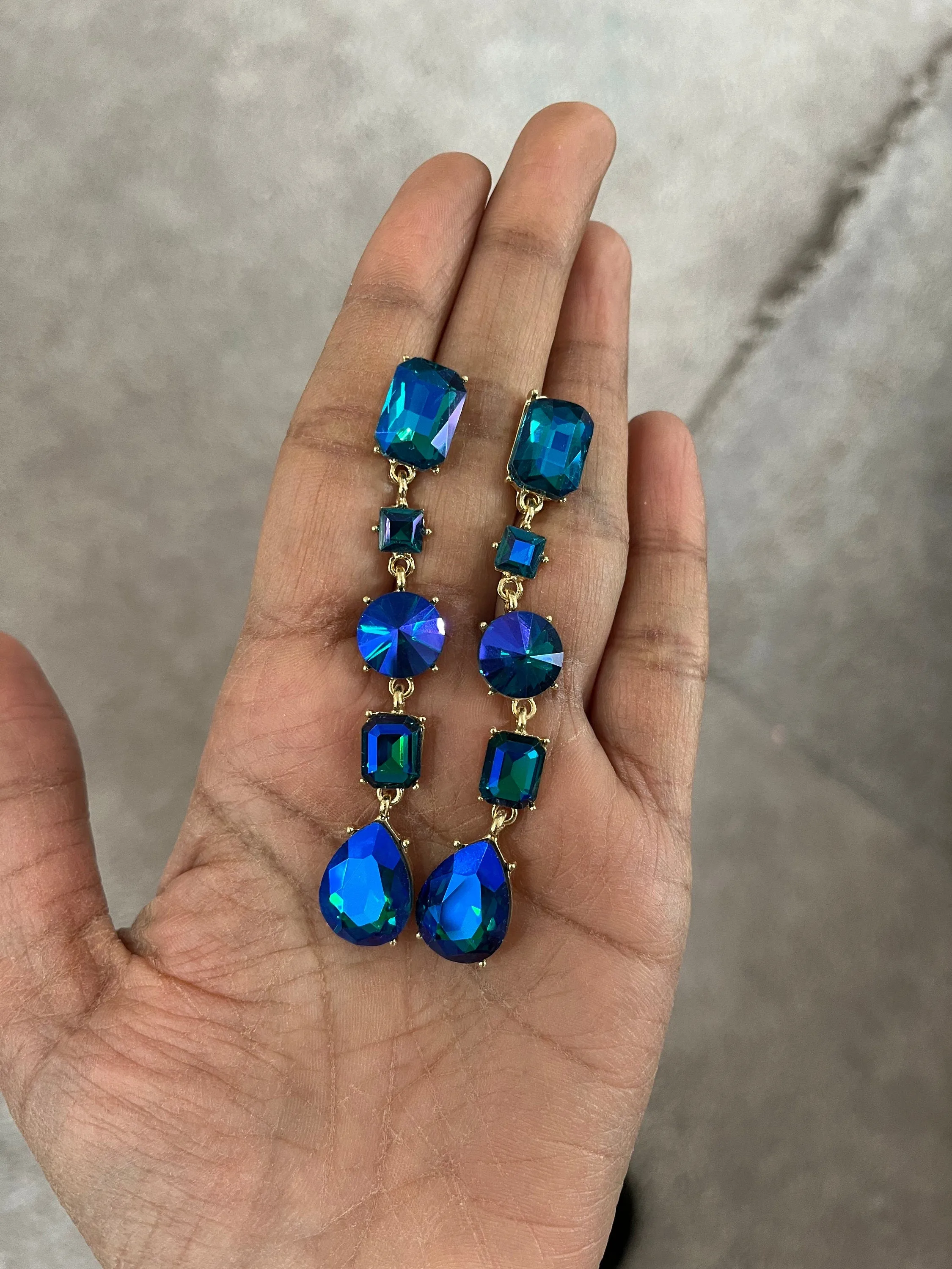 Big Blue green earrings ,large blue navy earrings , green crystal earrings, blue chandelier rhinestone earrings crystal