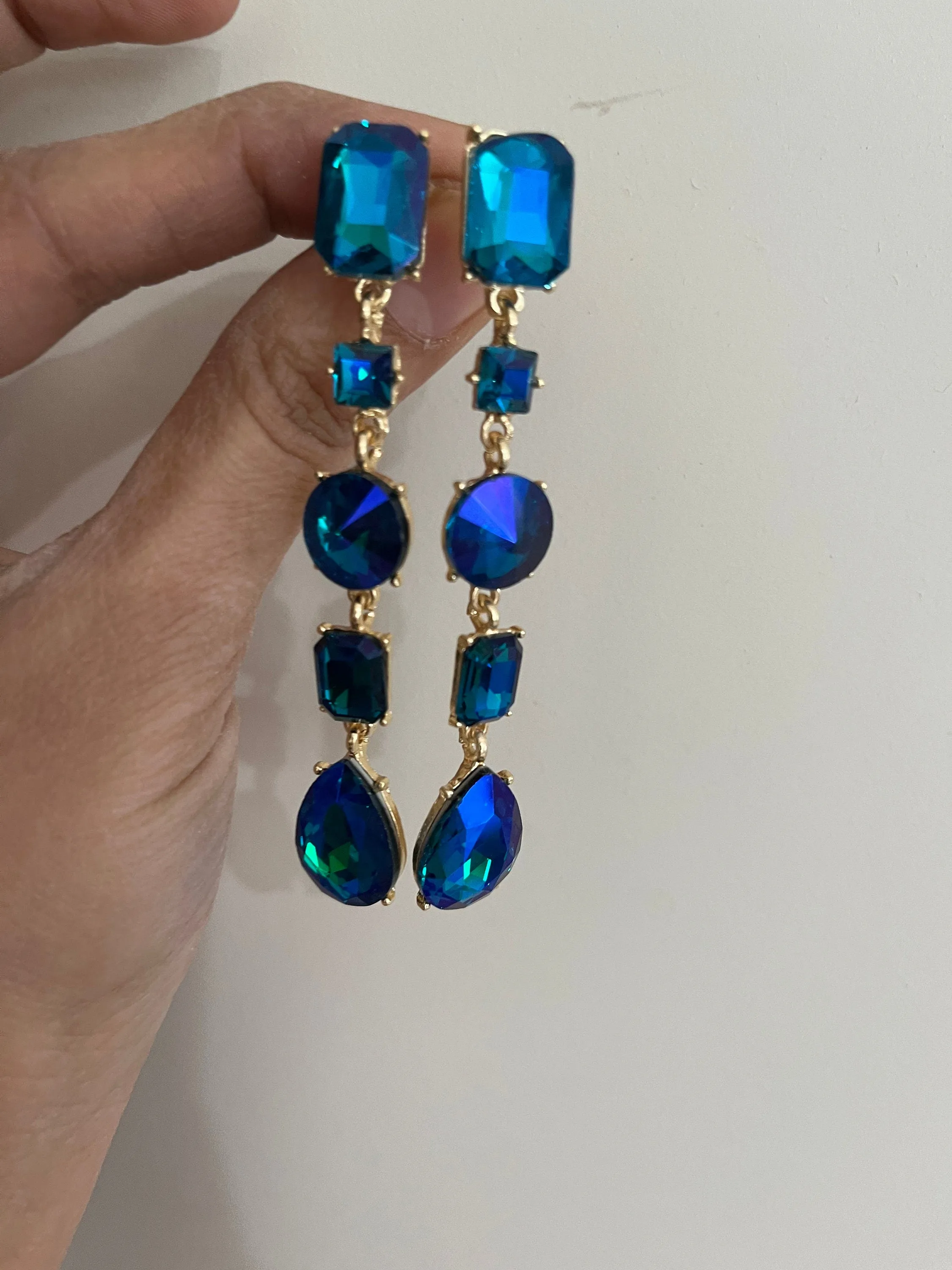 Big Blue green earrings ,large blue navy earrings , green crystal earrings, blue chandelier rhinestone earrings crystal