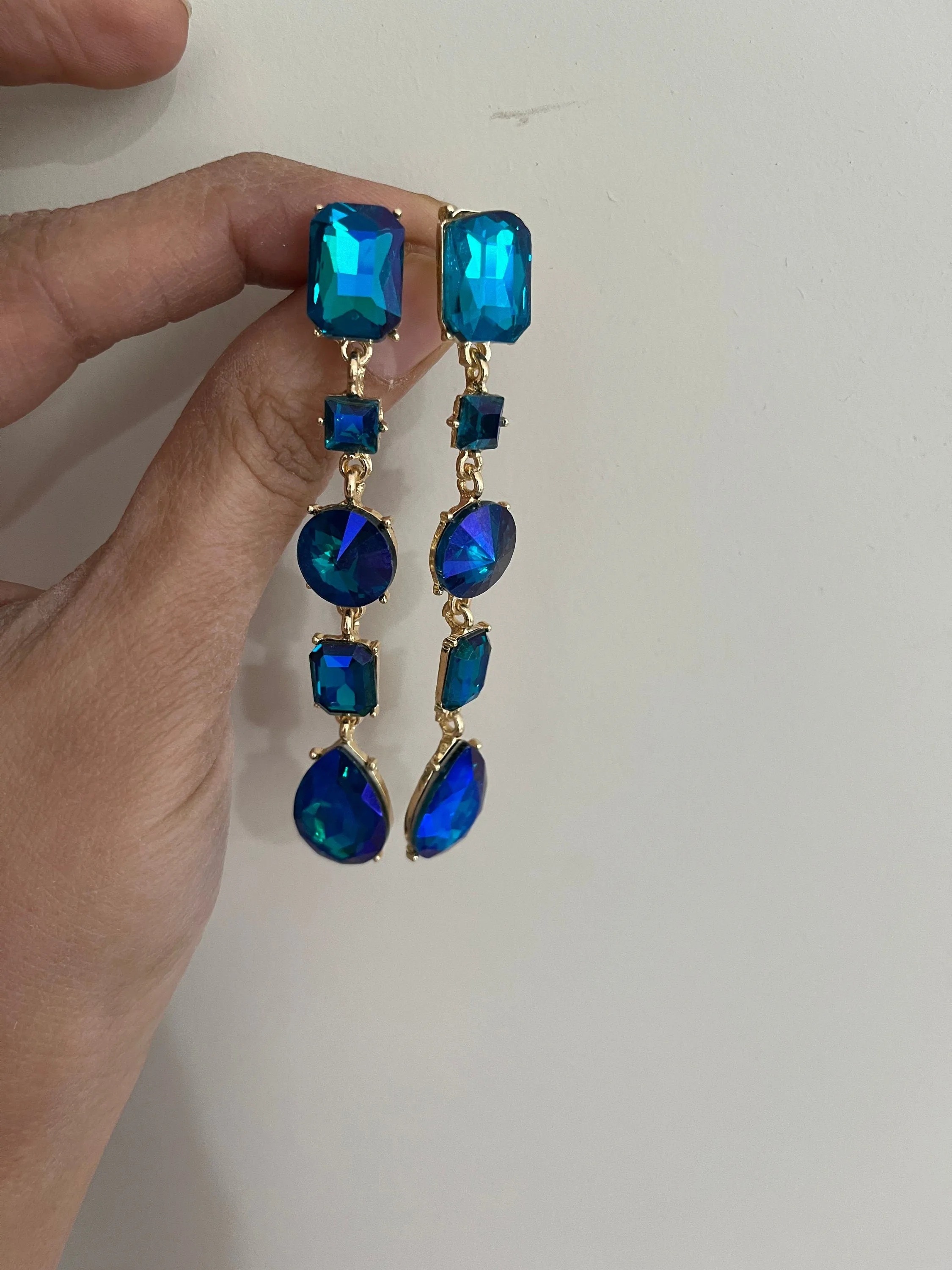 Big Blue green earrings ,large blue navy earrings , green crystal earrings, blue chandelier rhinestone earrings crystal