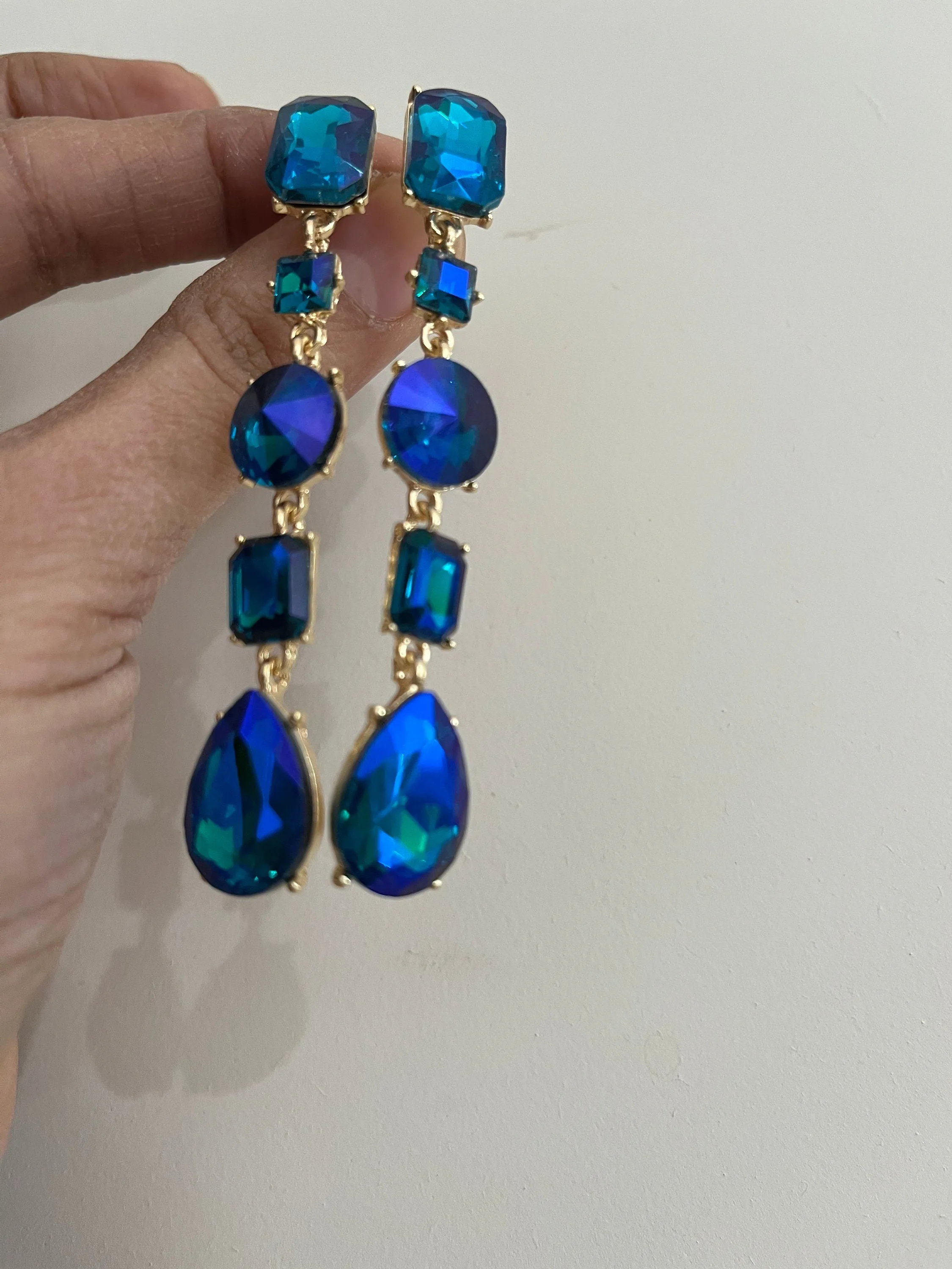 Big Blue green earrings ,large blue navy earrings , green crystal earrings, blue chandelier rhinestone earrings crystal