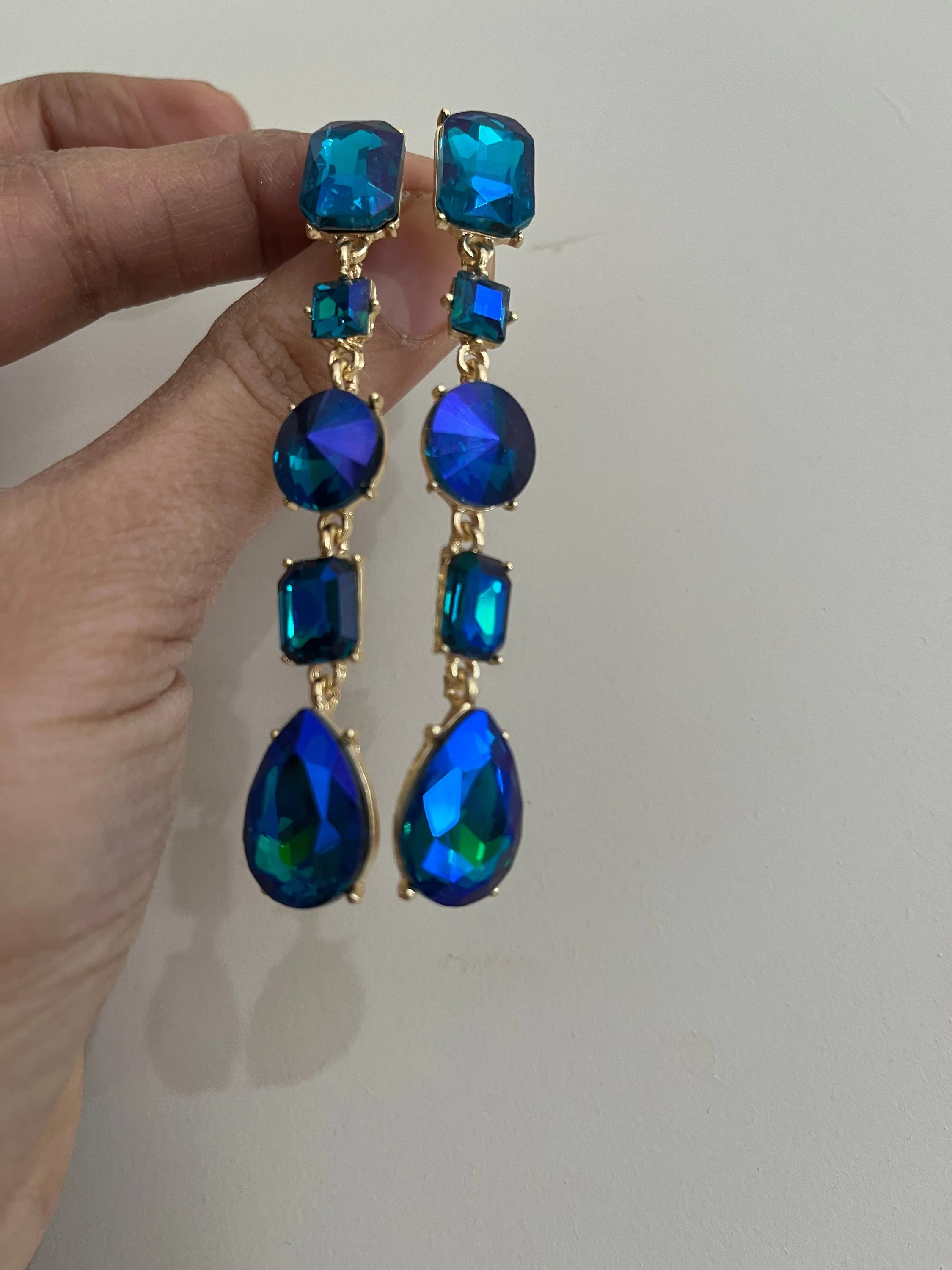 Big Blue green earrings ,large blue navy earrings , green crystal earrings, blue chandelier rhinestone earrings crystal