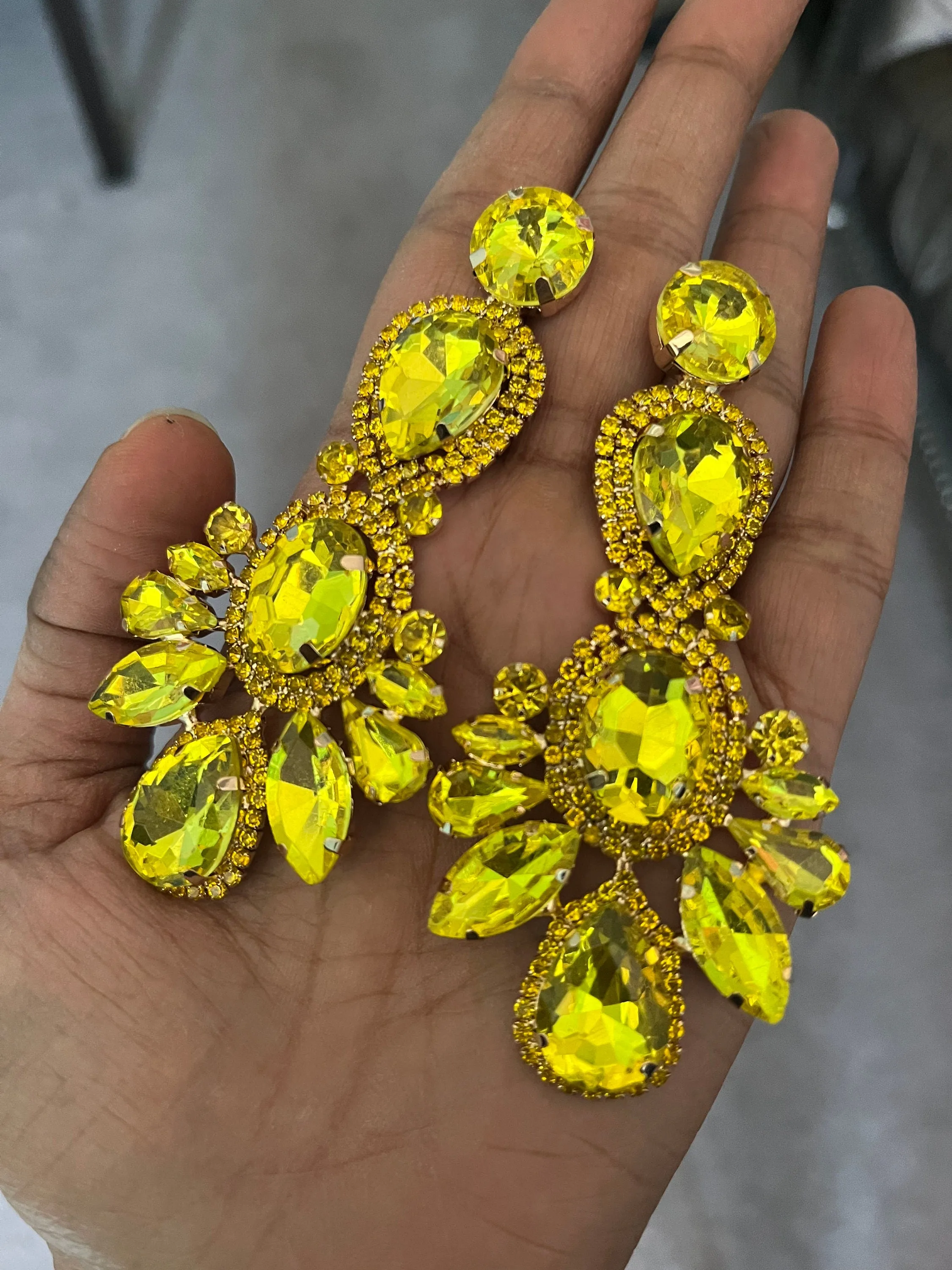 Big Yellow earrings , large yellow jonquil earrings , yellow rhinestone earrings ,yellow  crystal earrings , chandelier huge pierced