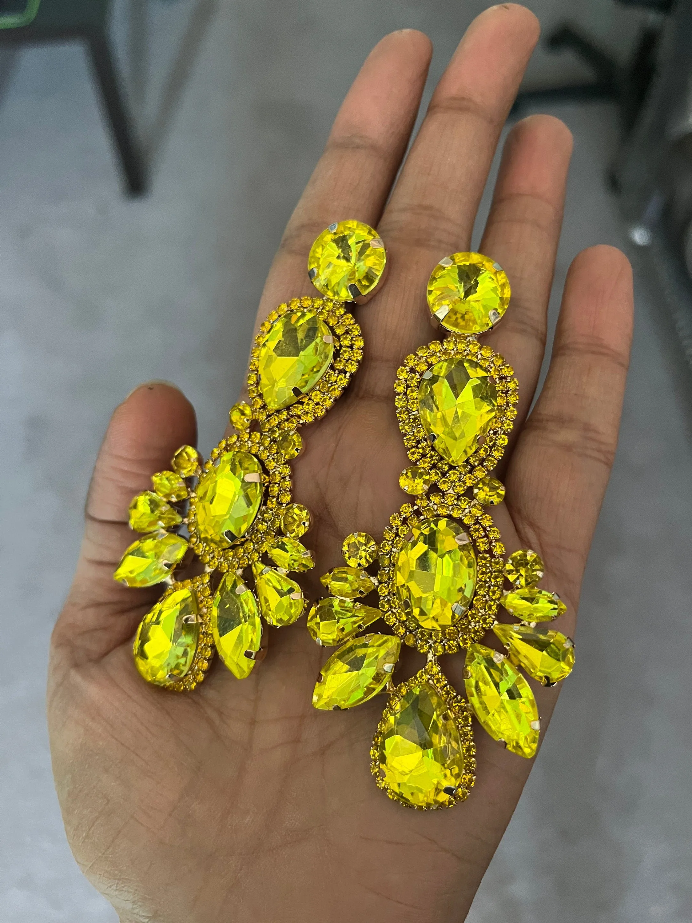Big Yellow earrings , large yellow jonquil earrings , yellow rhinestone earrings ,yellow  crystal earrings , chandelier huge pierced