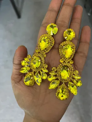 Big Yellow earrings , large yellow jonquil earrings , yellow rhinestone earrings ,yellow  crystal earrings , chandelier huge pierced