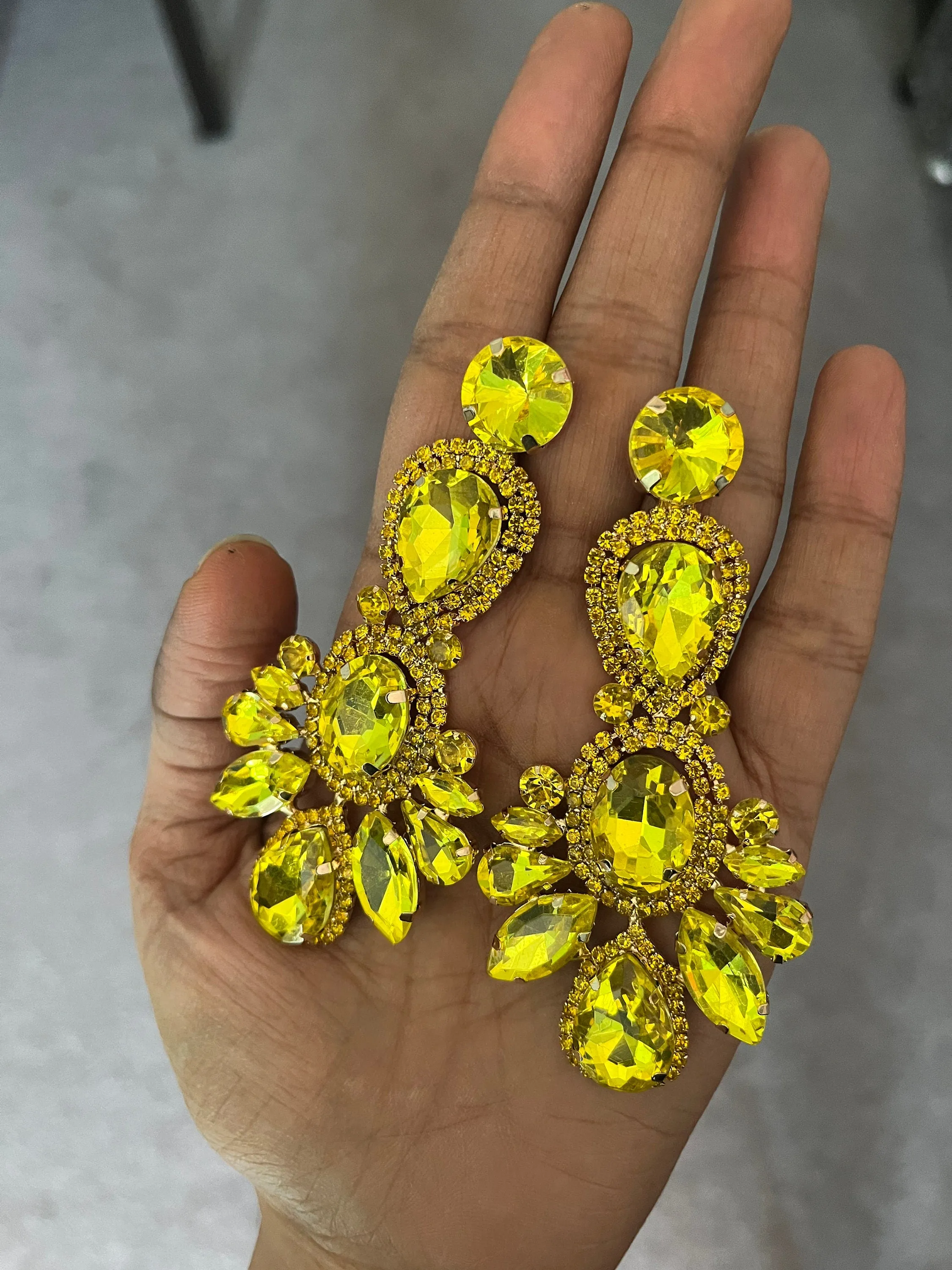 Big Yellow earrings , large yellow jonquil earrings , yellow rhinestone earrings ,yellow  crystal earrings , chandelier huge pierced