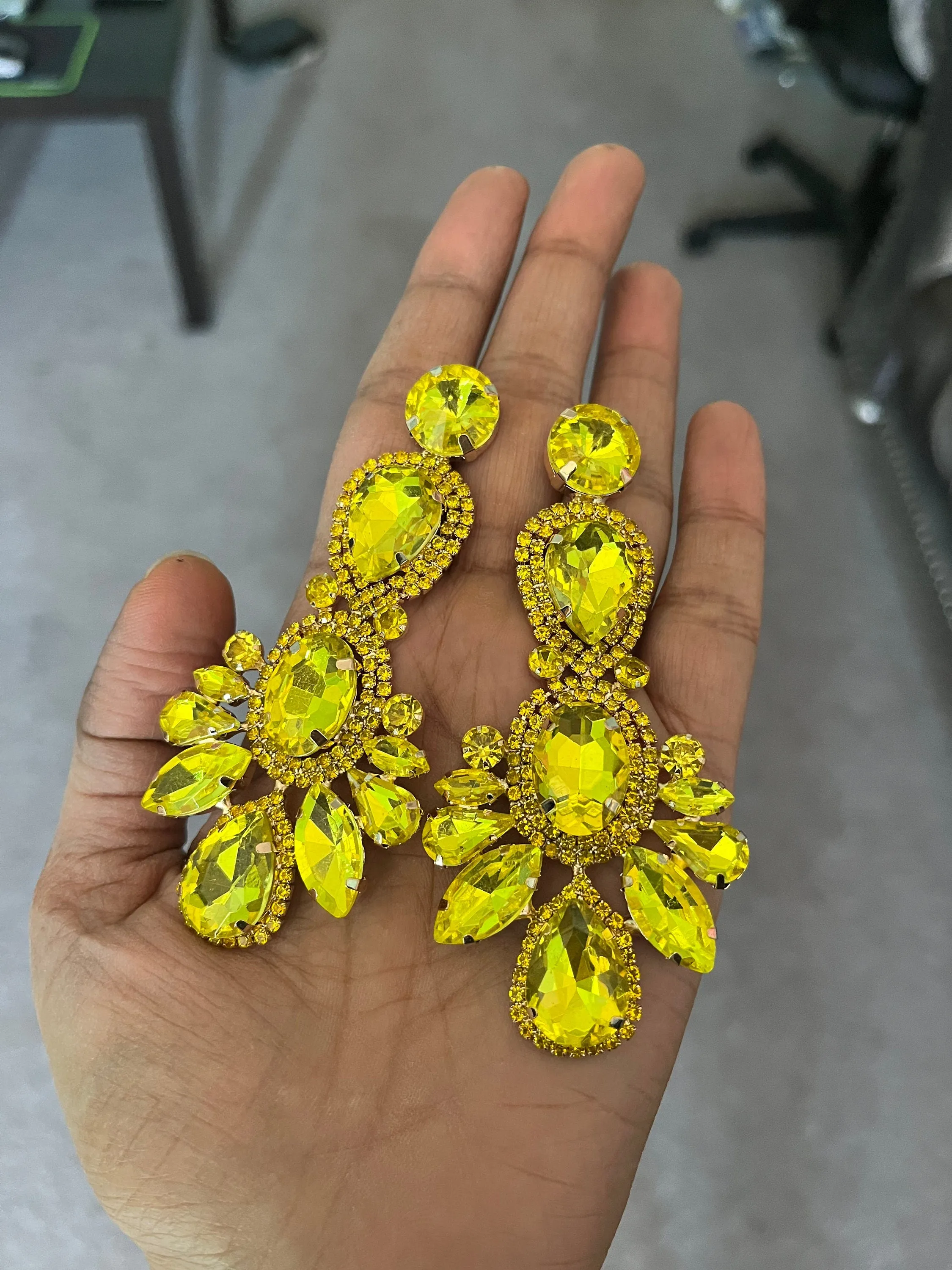Big Yellow earrings , large yellow jonquil earrings , yellow rhinestone earrings ,yellow  crystal earrings , chandelier huge pierced