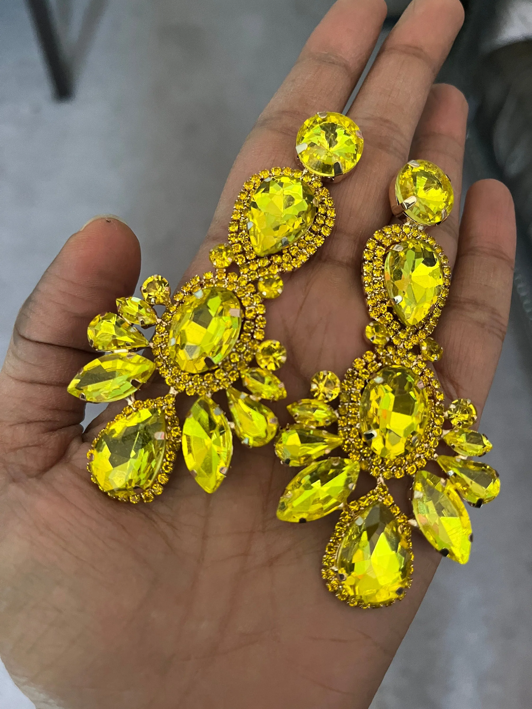 Big Yellow earrings , large yellow jonquil earrings , yellow rhinestone earrings ,yellow  crystal earrings , chandelier huge pierced
