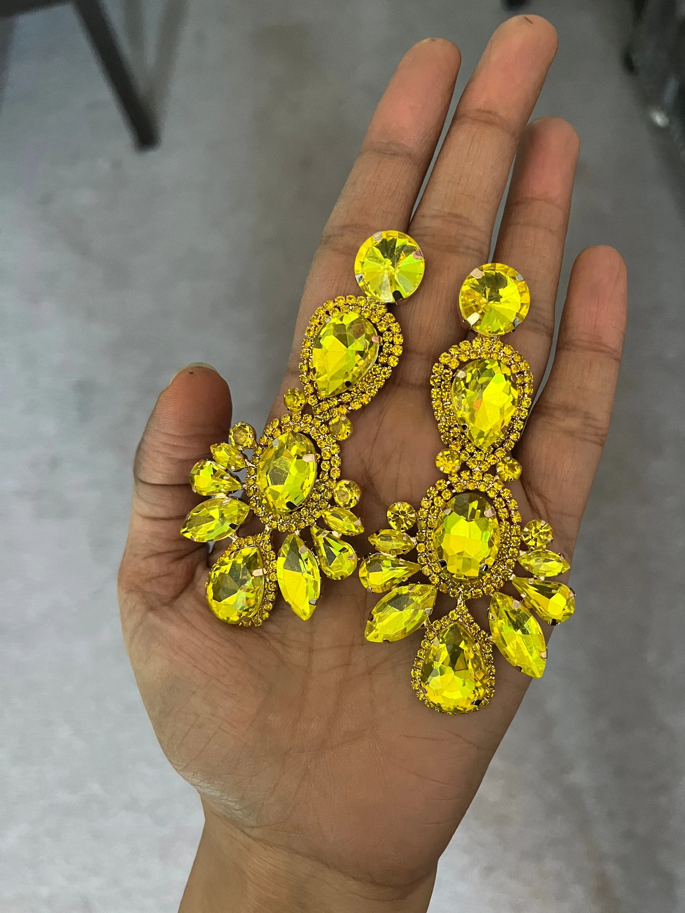Big Yellow earrings , large yellow jonquil earrings , yellow rhinestone earrings ,yellow  crystal earrings , chandelier huge pierced