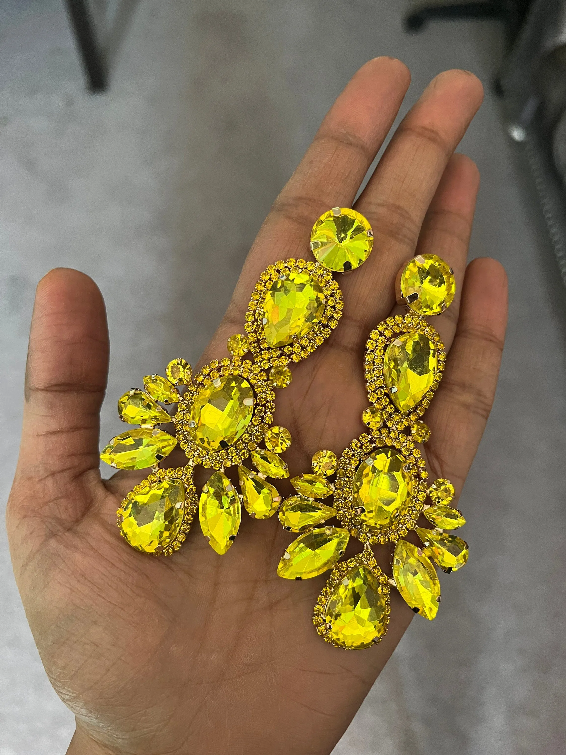 Big Yellow earrings , large yellow jonquil earrings , yellow rhinestone earrings ,yellow  crystal earrings , chandelier huge pierced