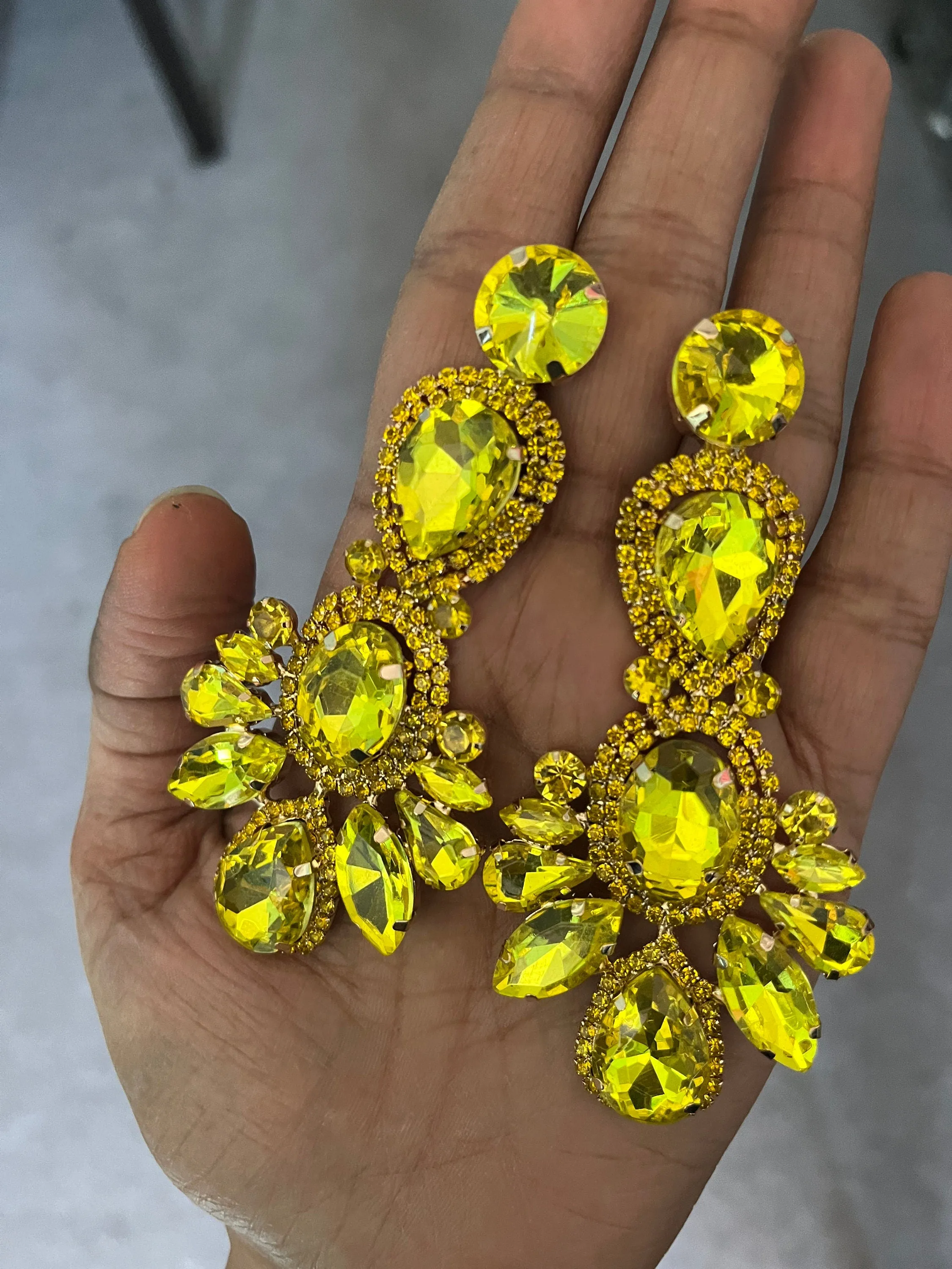 Big Yellow earrings , large yellow jonquil earrings , yellow rhinestone earrings ,yellow  crystal earrings , chandelier huge pierced