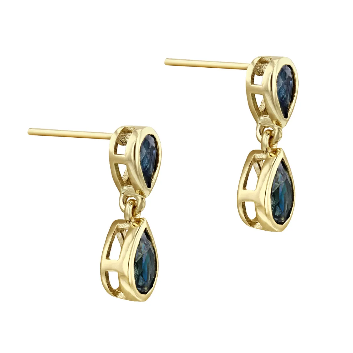 Birthstone Collection Double Drop Pear Cut Sapphire Drop Earrings | 9K Yellow Gold