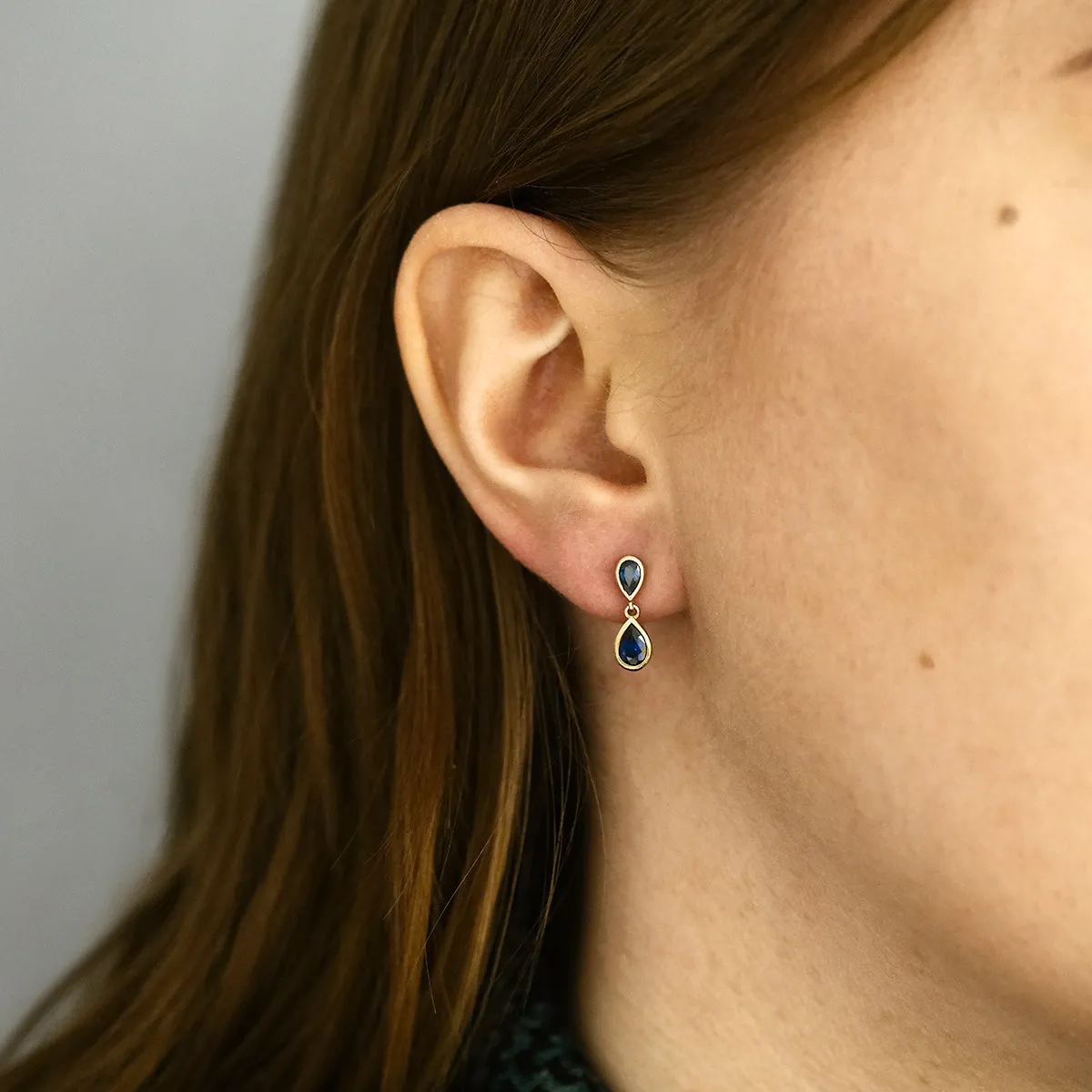 Birthstone Collection Double Drop Pear Cut Sapphire Drop Earrings | 9K Yellow Gold