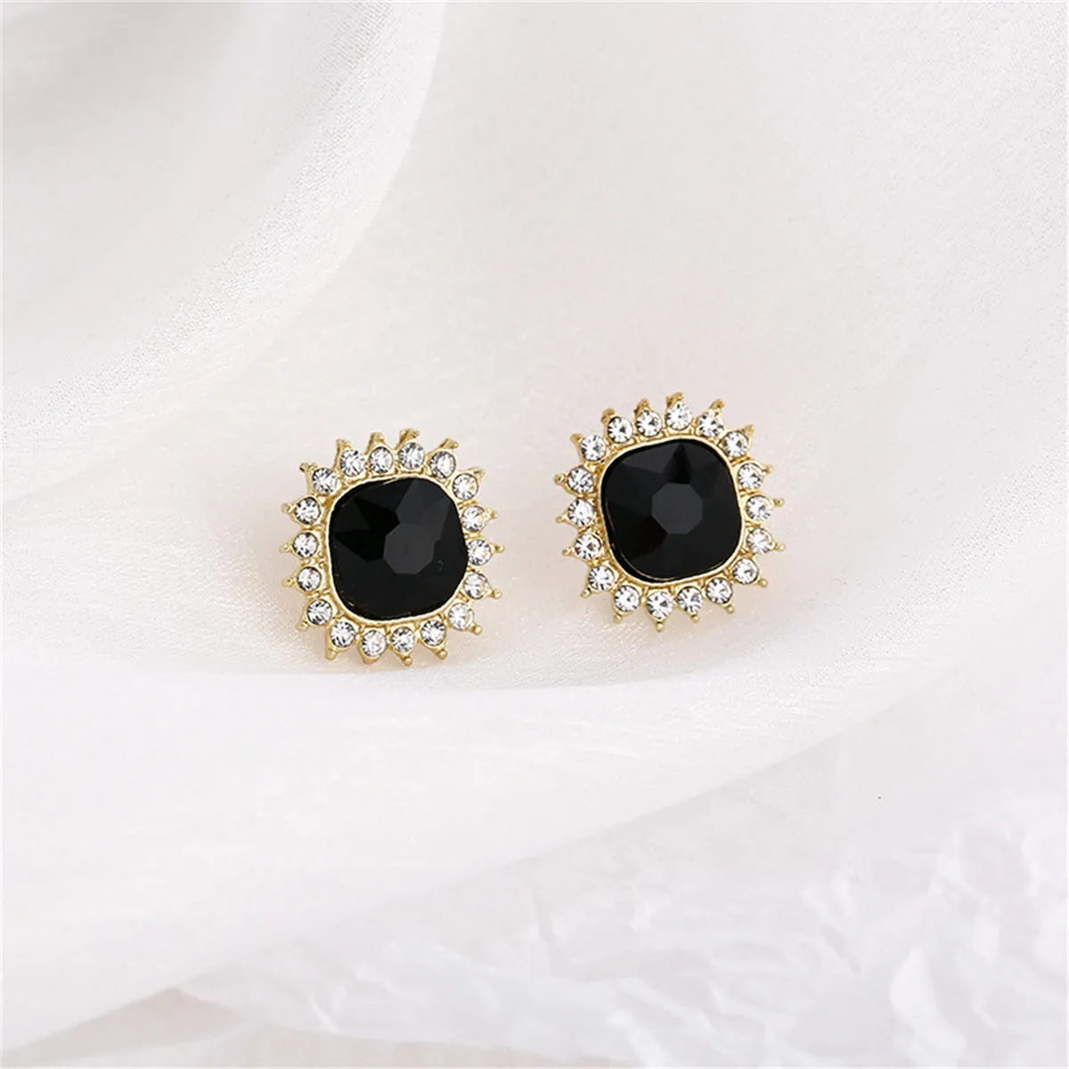 Black Crystal & 18K Gold-Plated Square Halo Stud Earrings
