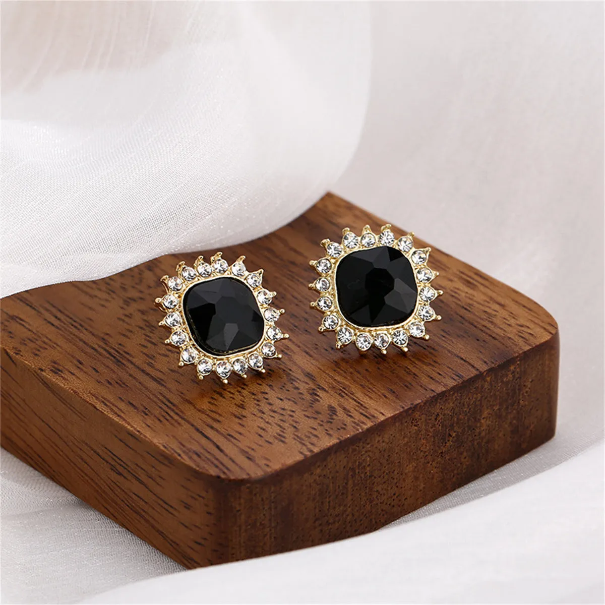 Black Crystal & 18K Gold-Plated Square Halo Stud Earrings