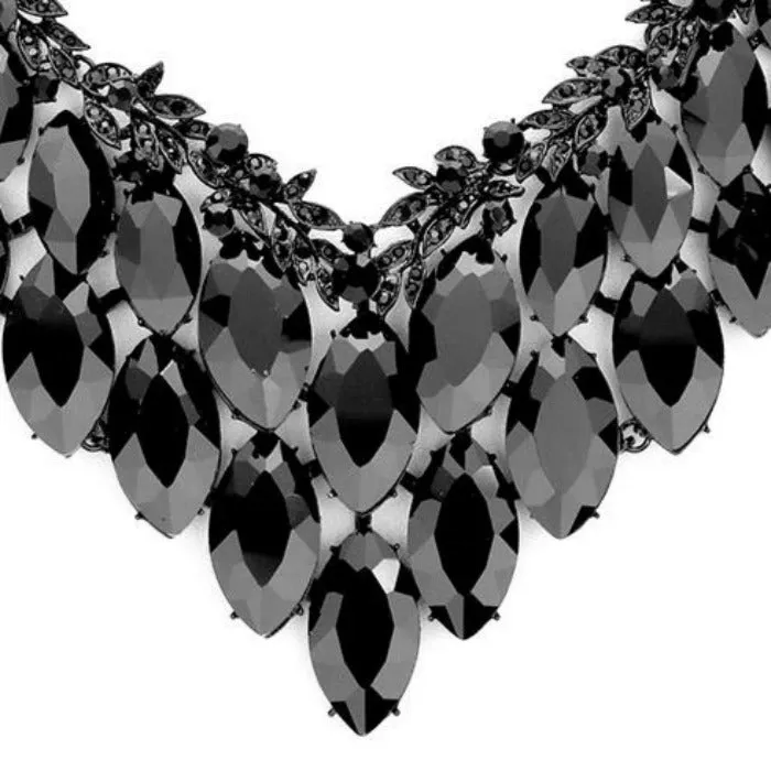 Black Crystal Marquise Vine Leaf Evening Necklace Set